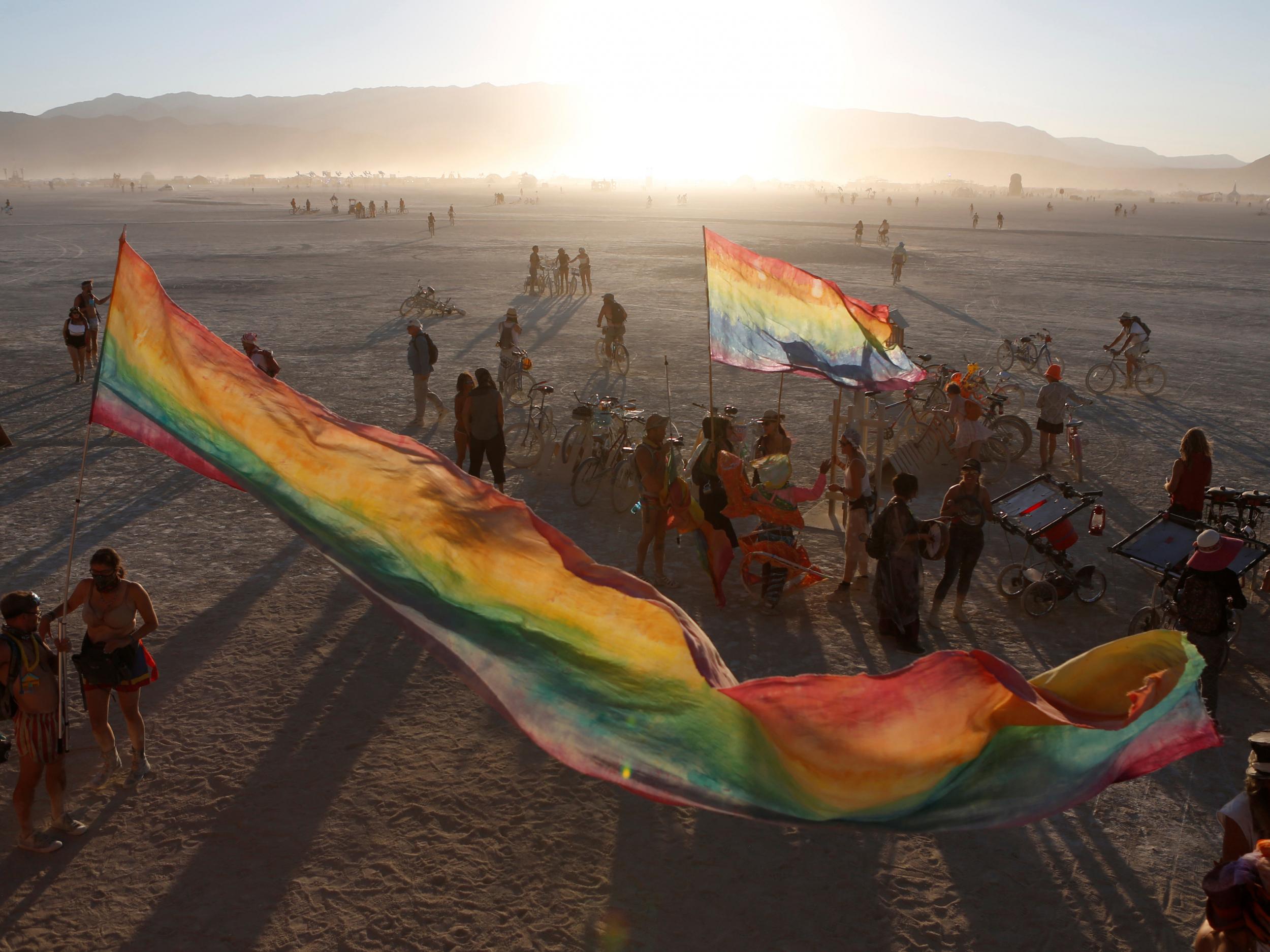 The sun sets on the 2017 Burning Man festival in the Black Rock Desert of Nevada