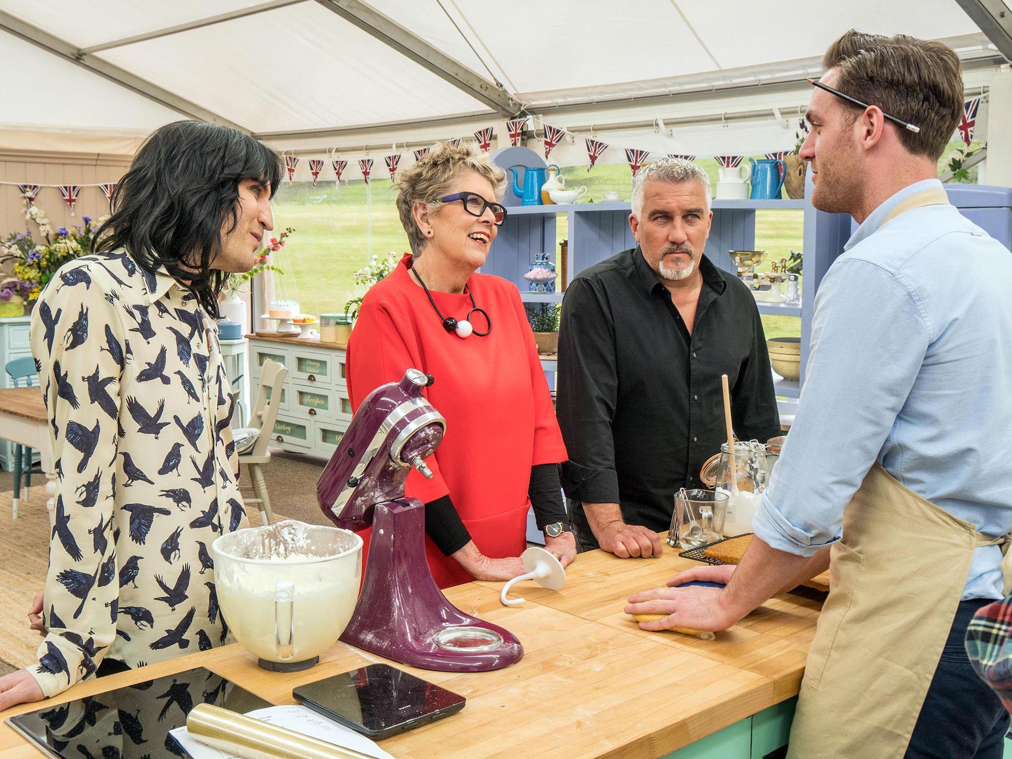 Noel Fielding (left), Paul Hollywood and Prue Leith give contestant Tom a grilling