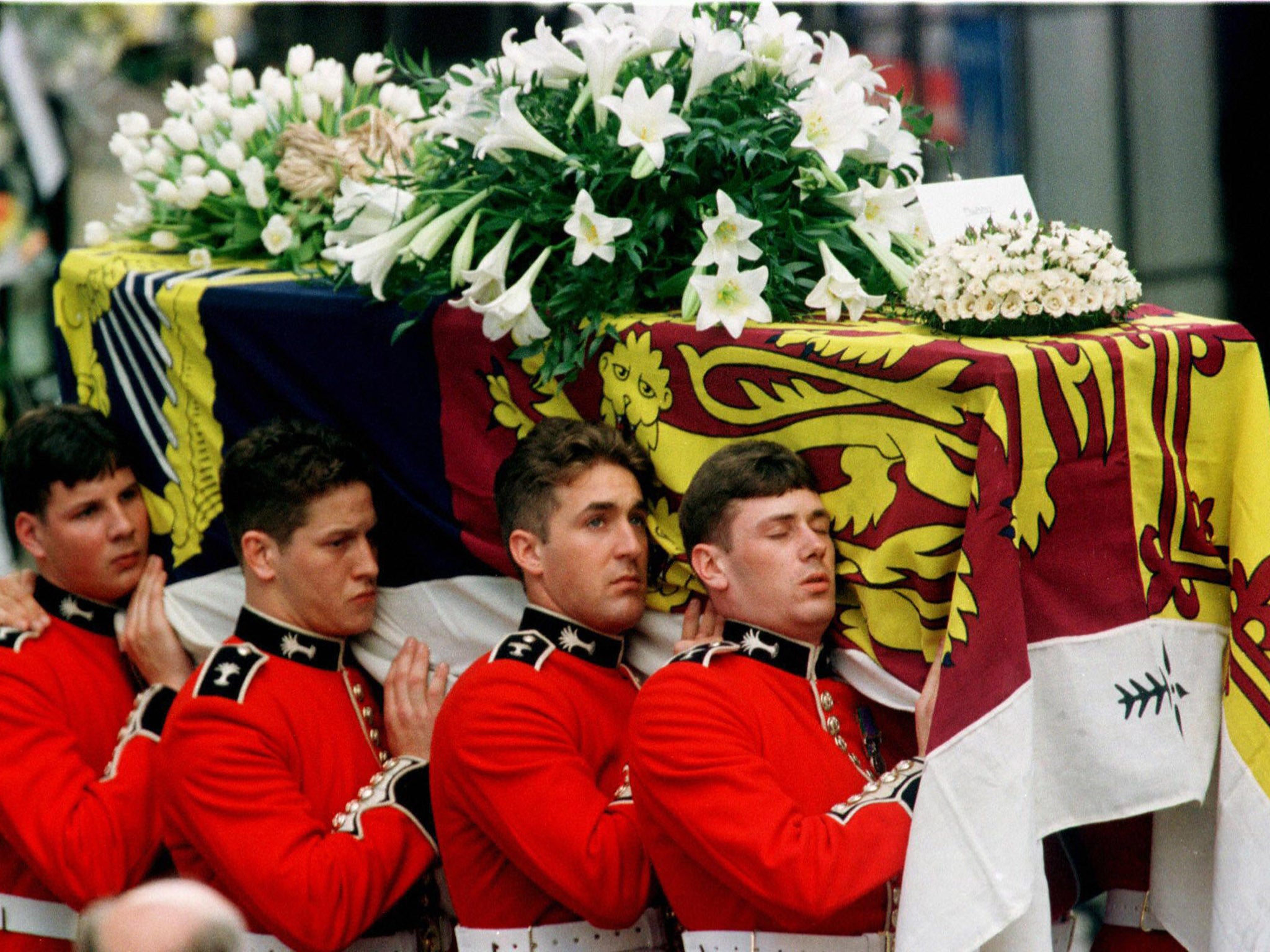 The coffin of Diana, Princess of Wales, is carried into Westminster Abbey on 6 September, 1997