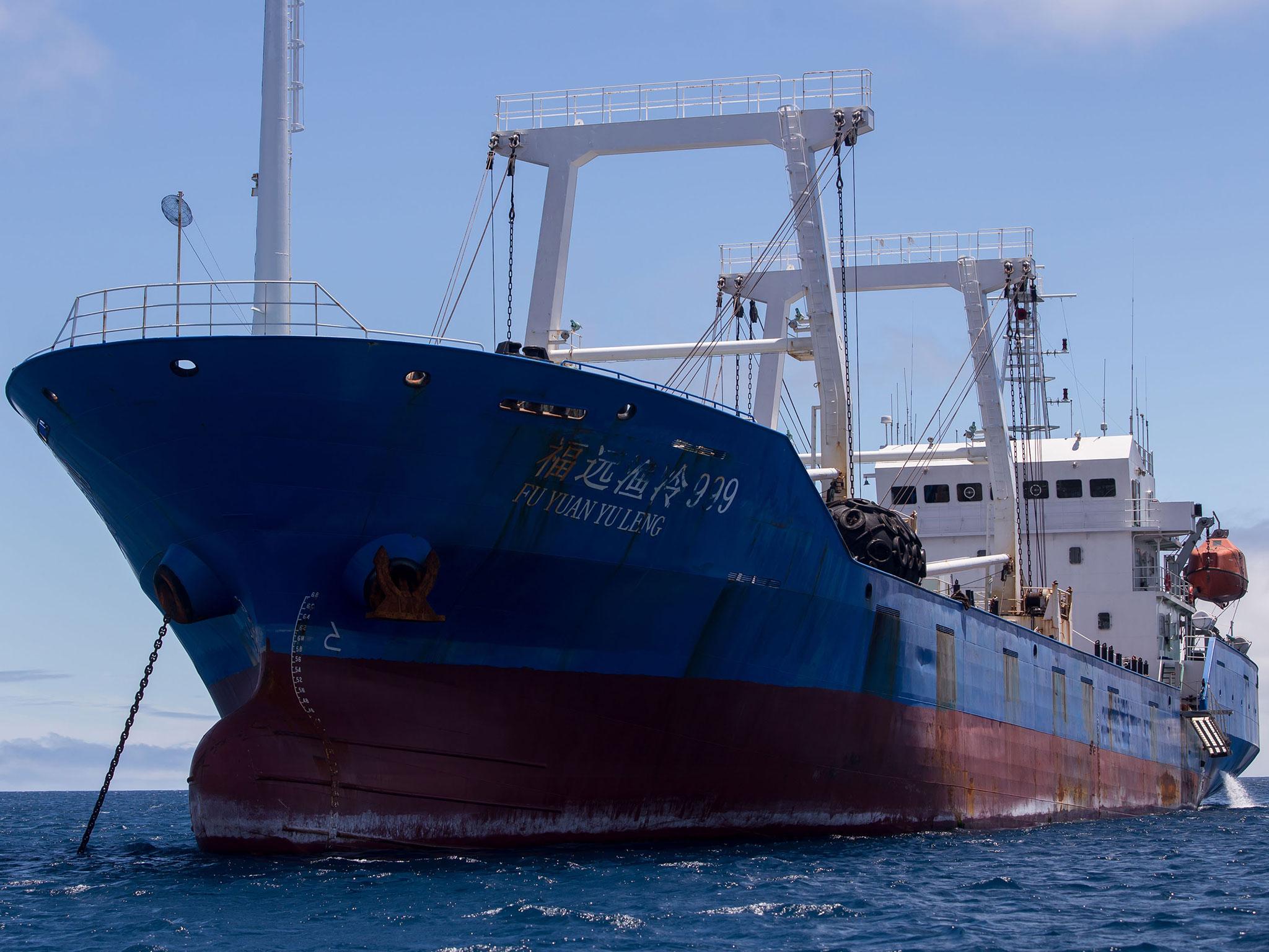 View of the Chinese-flagged ship confiscated by the Ecuadorean Navy in the waters of the Galapagos marine reserve