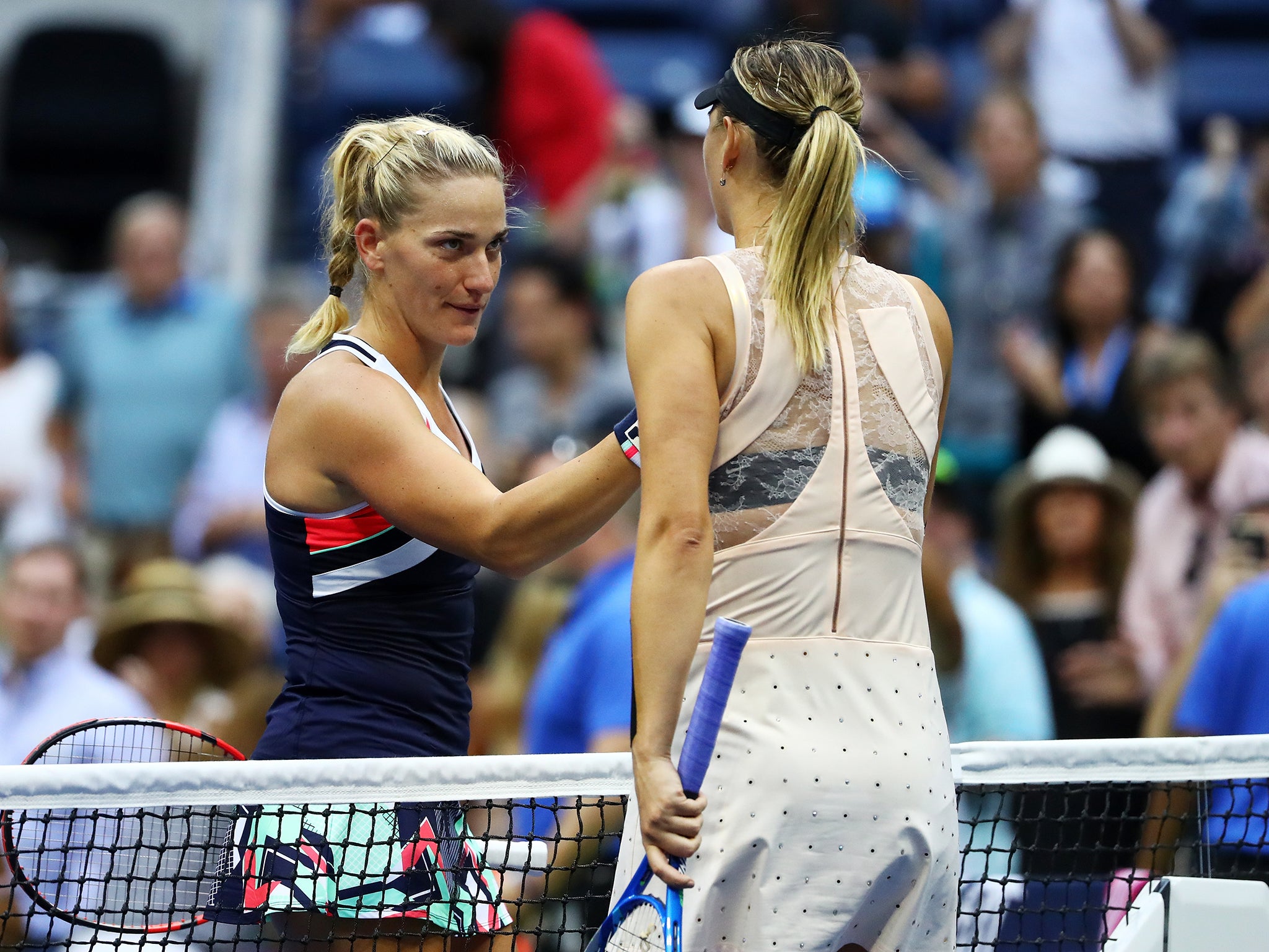 &#13;
Timea Babos shakes hands with Sharapova after their second round encounter &#13;