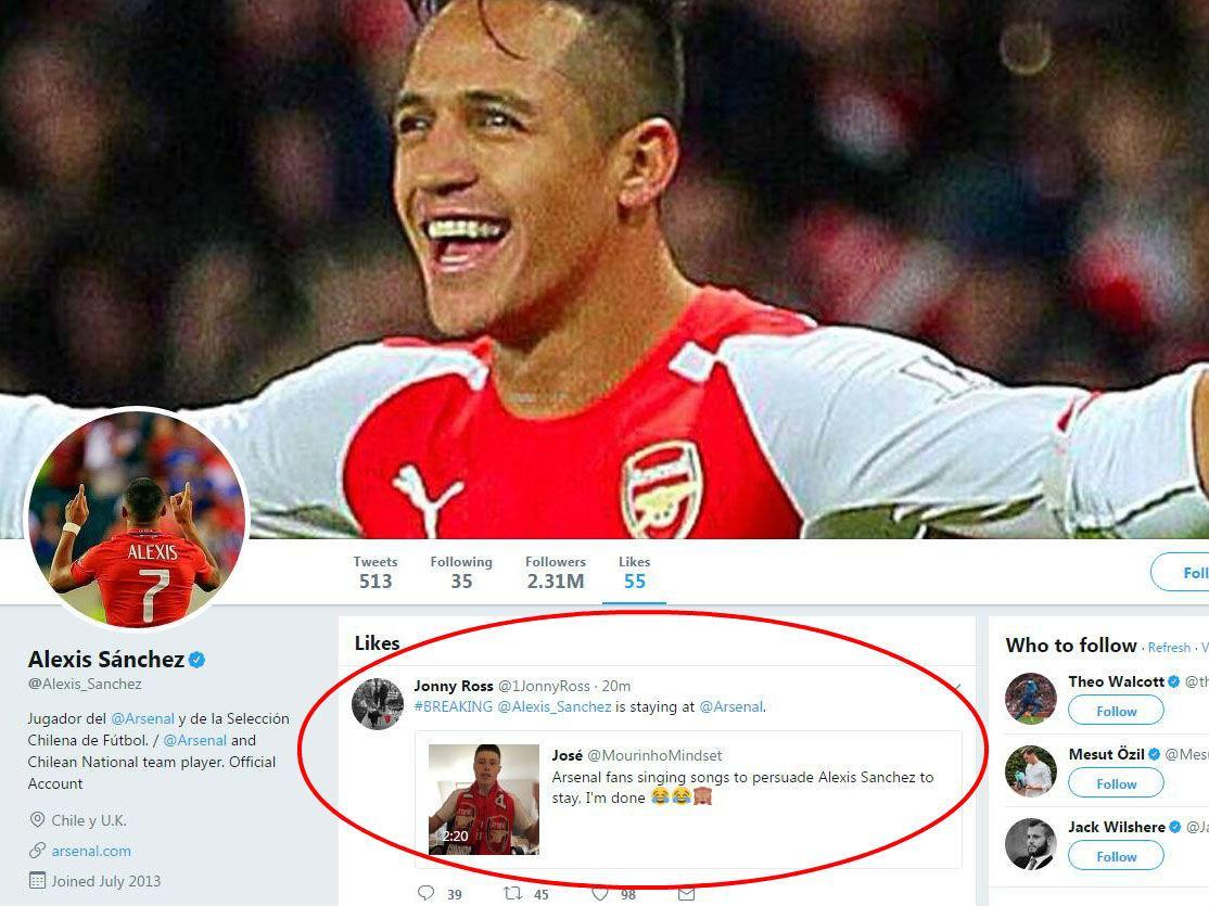 Alexis Sanchez liked this tweet on Thursday afternoon