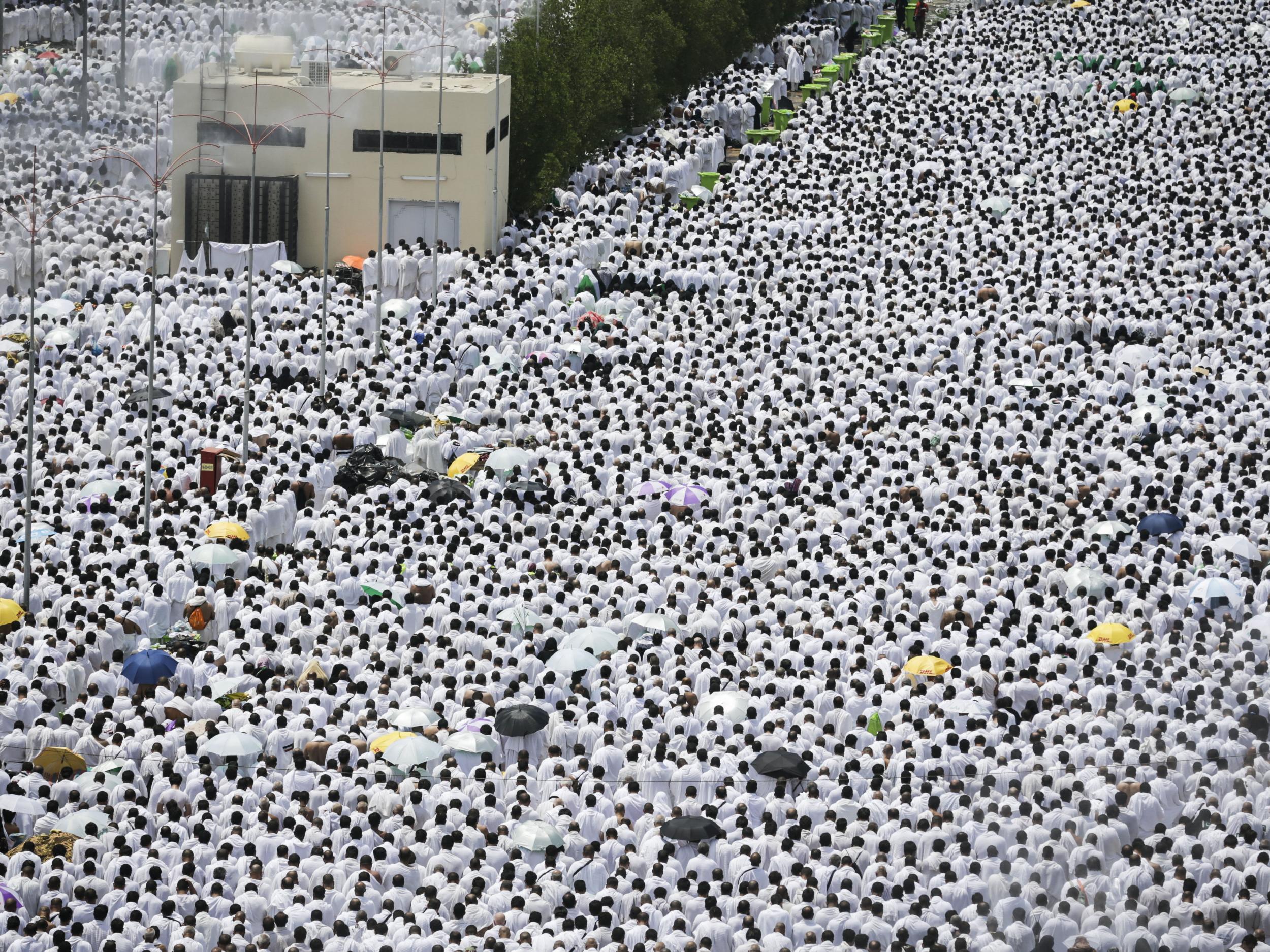 Muslim worshippers pray during the Hajj pilgrimage outside Namrah Mosque in Arafat, near Mecca