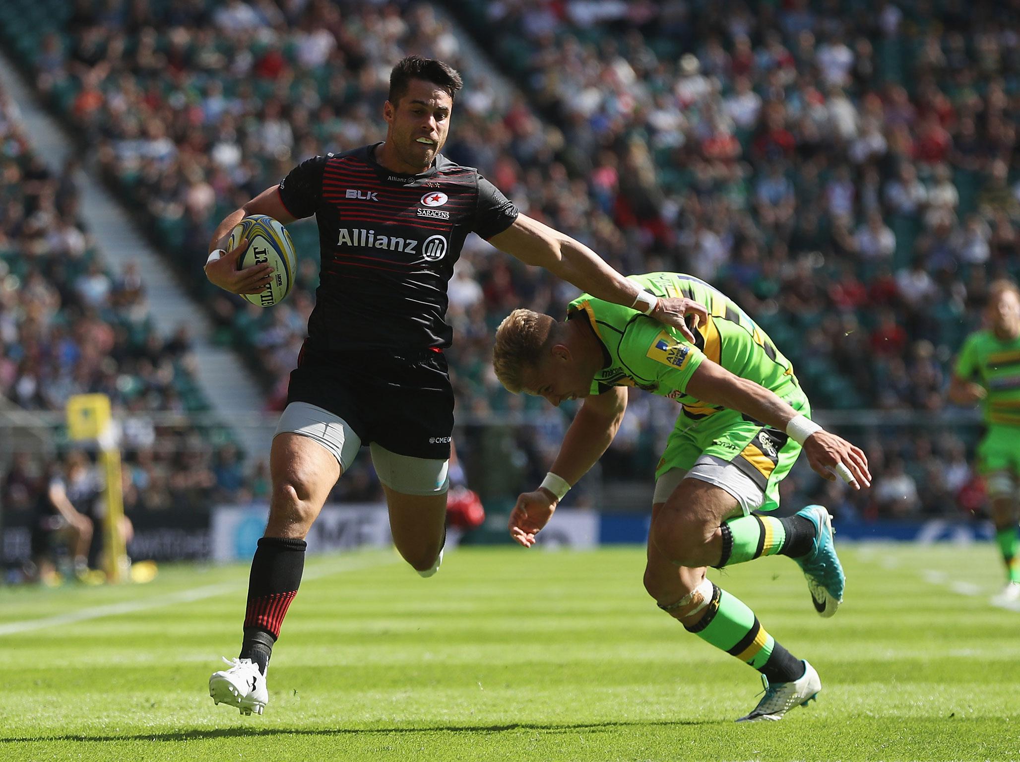 &#13;
Maitland scores the first of three tries for the Scotland wing &#13;