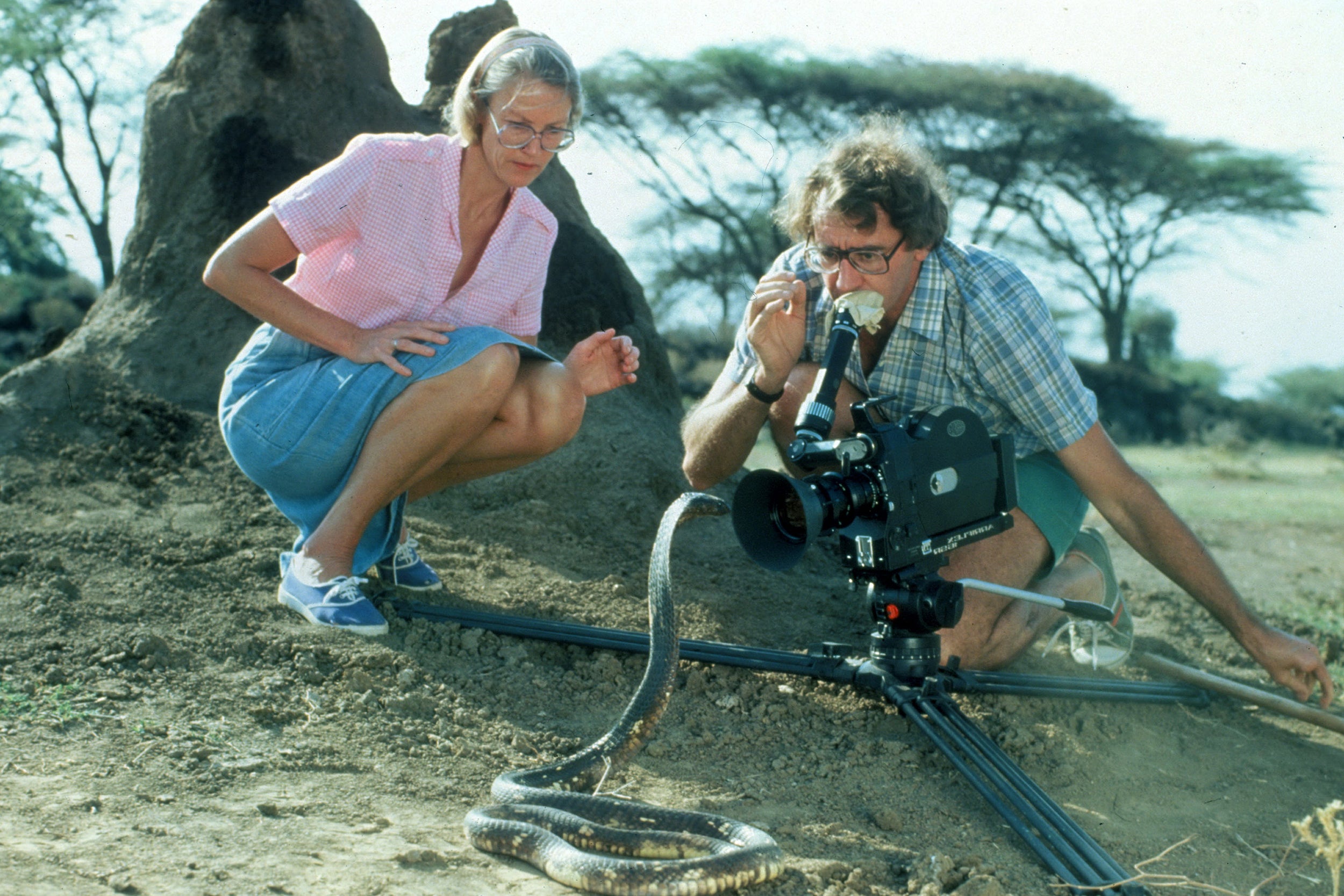 Root and his wife, longtime filmmaking partner Joan Root, filming a documentary in the 1970s