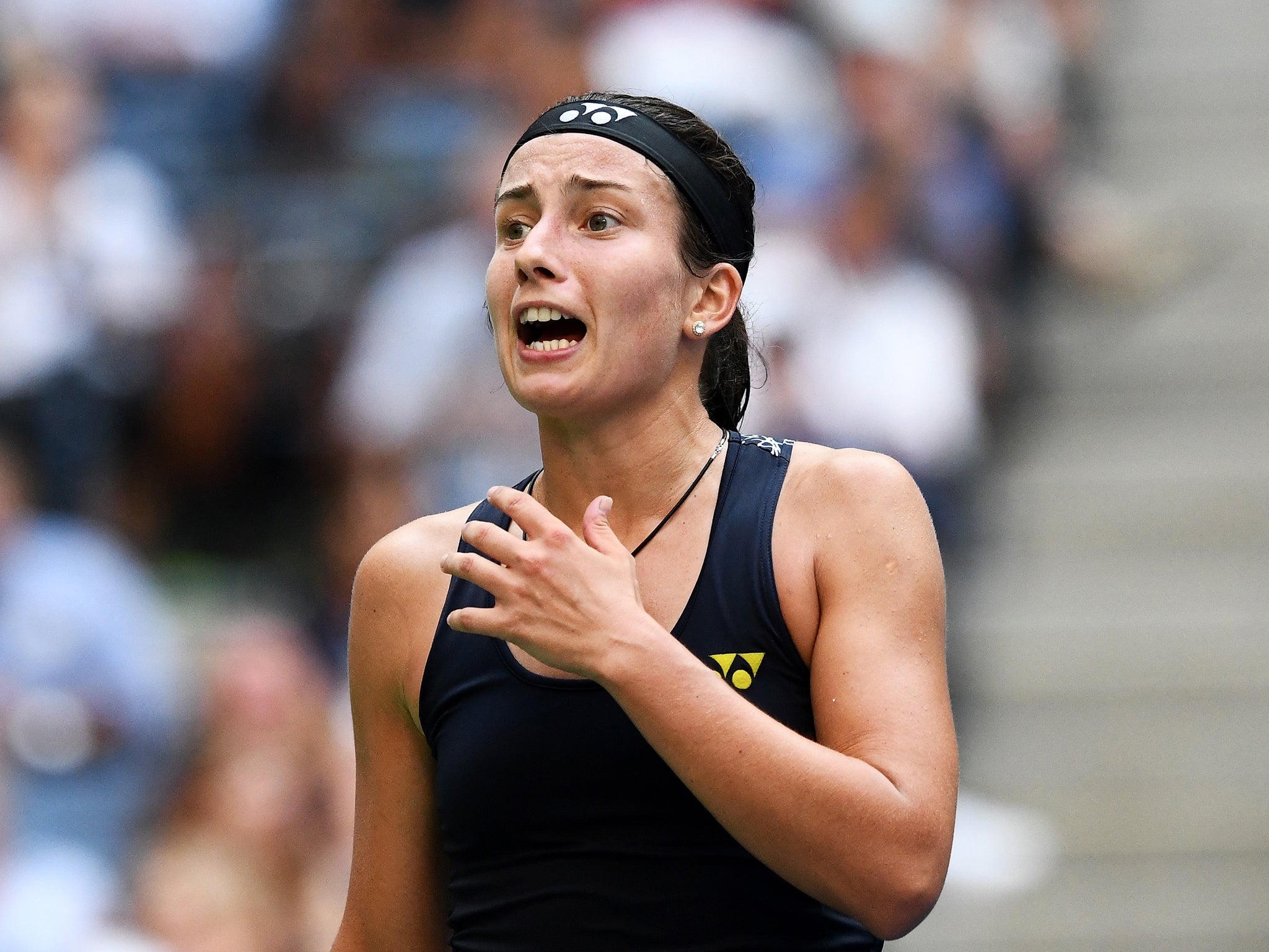 Anastasija Sevastova reacts during her defeat by Sloane Stephens