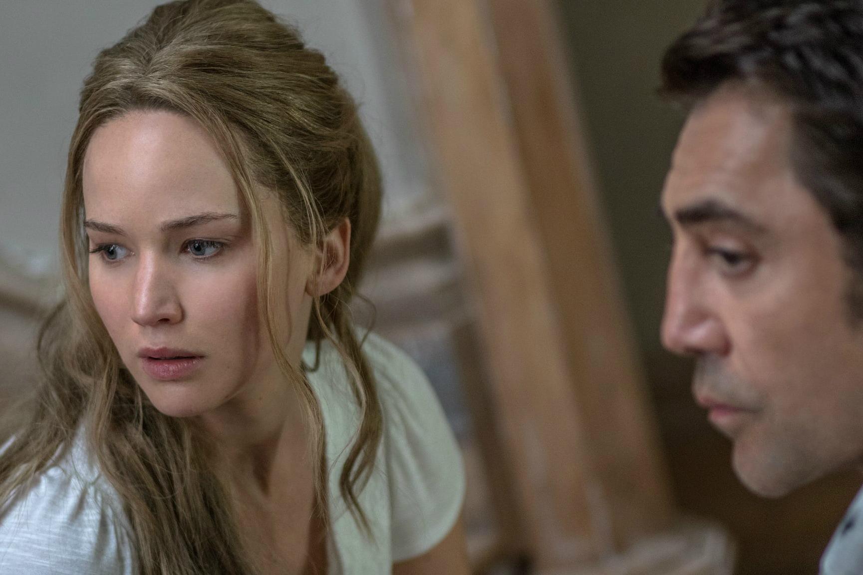 Lawrence (above, with Javier Bardem) isn’t given a large amount of dialogue but she is on screen almost the entire time