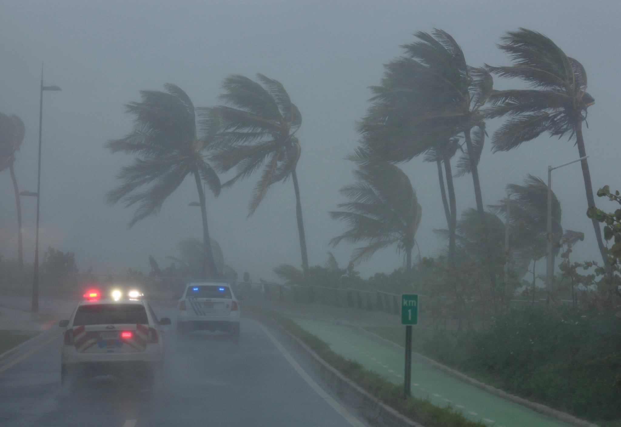 Police patrol the area as Hurricane Irma slams across islands in the northern Caribbean on Wednesday, in San Juan, Puerto Rico September 6, 2017