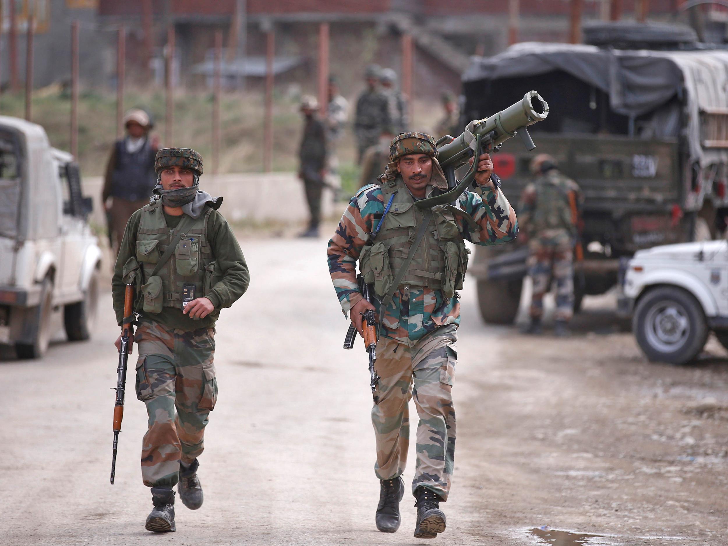 Indian army soldiers on duty in Chadoora, Srinagar