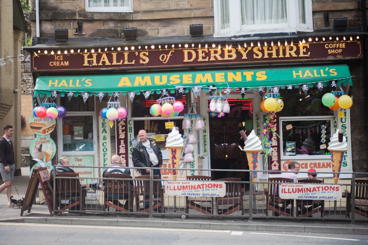 The promenade shops are emblazoned with their wares