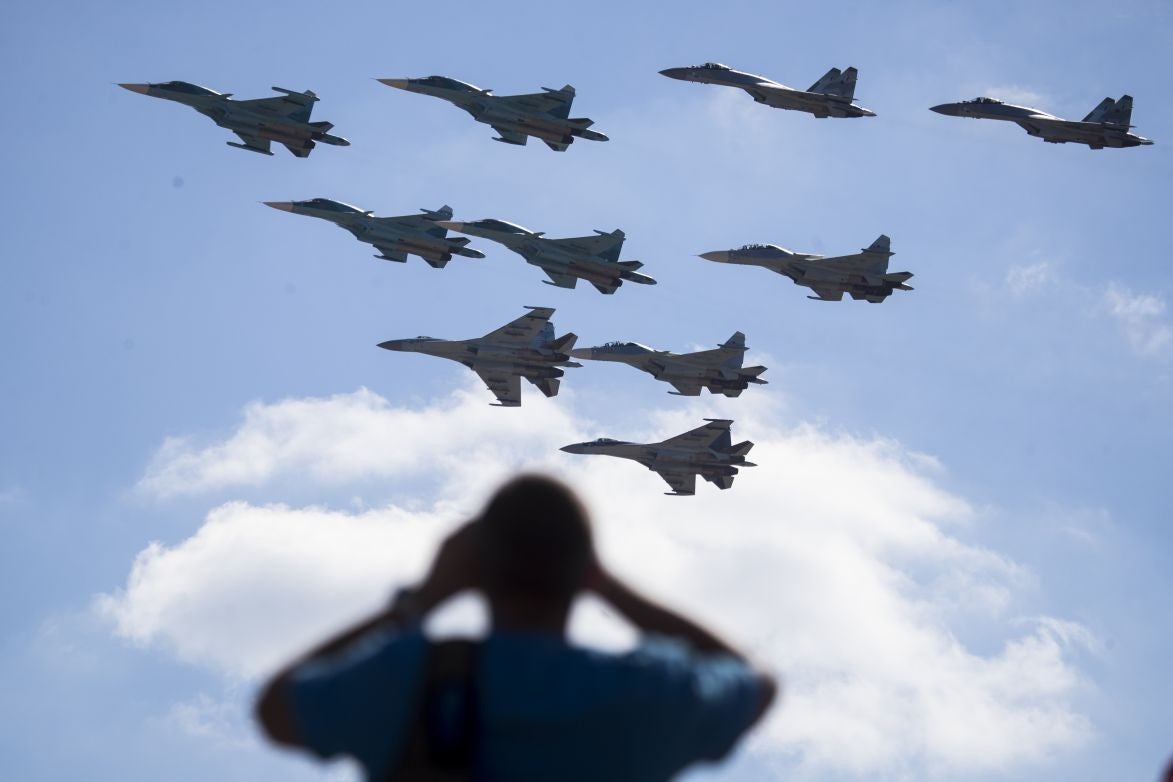 Pictured: Russian military jets flying over Moscow. The Kremlin says the drills will not have more than 13,000 troops taking part