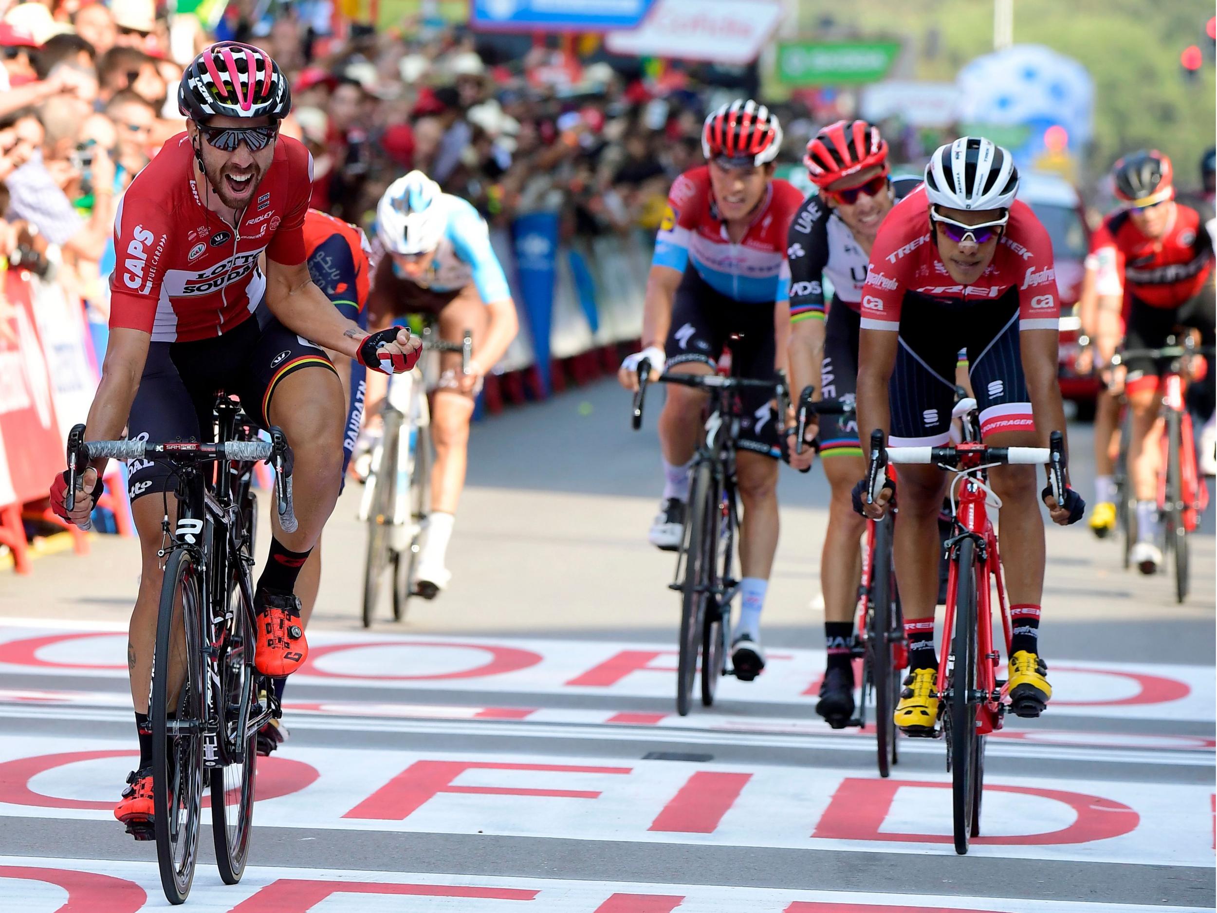 Thomas De Gendt (left) was part of the breakaway that arrived first in Gijon