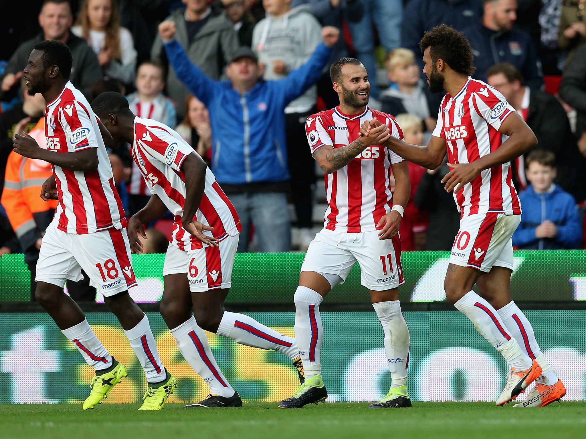 Stoke's players celebrate their opener