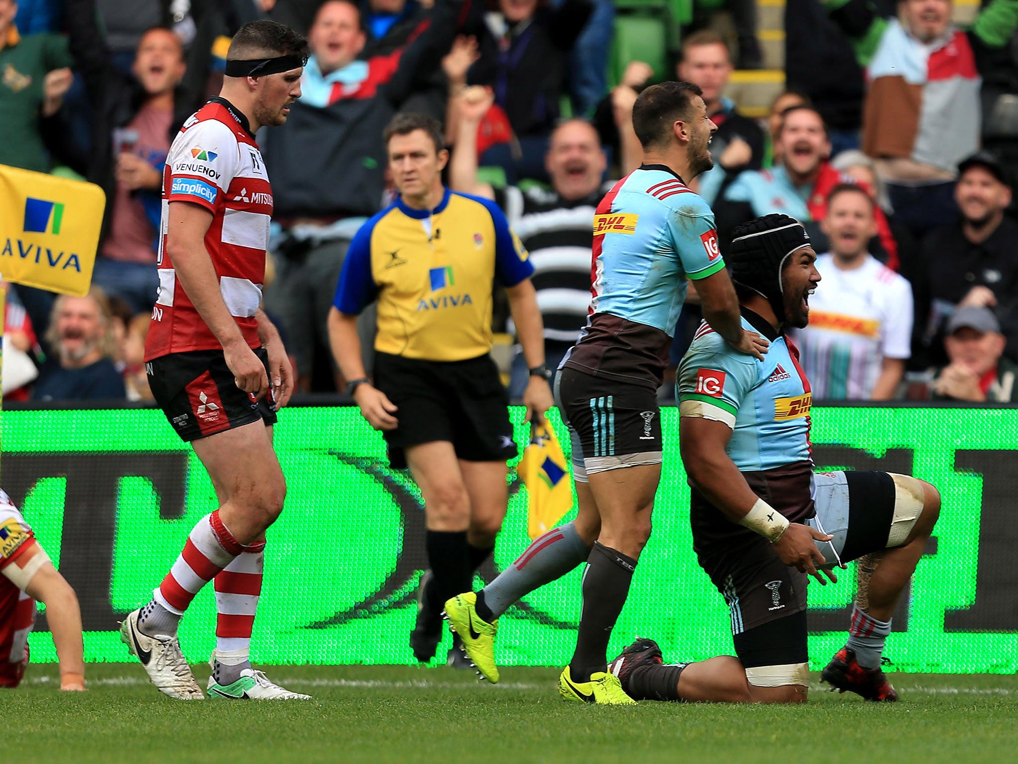 Matt Luamanu celebrates his try for Harlequins