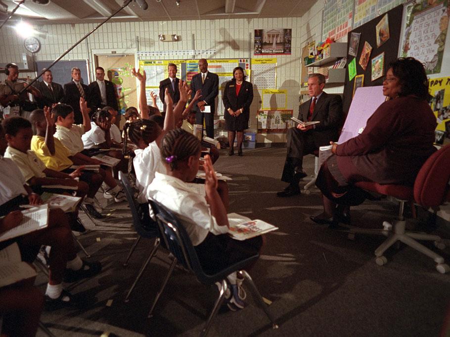 George Bush reads to children at Emma E Booker Elementary School in Sarasota, Florida, on the morning of Tuesday September 11, 2001.