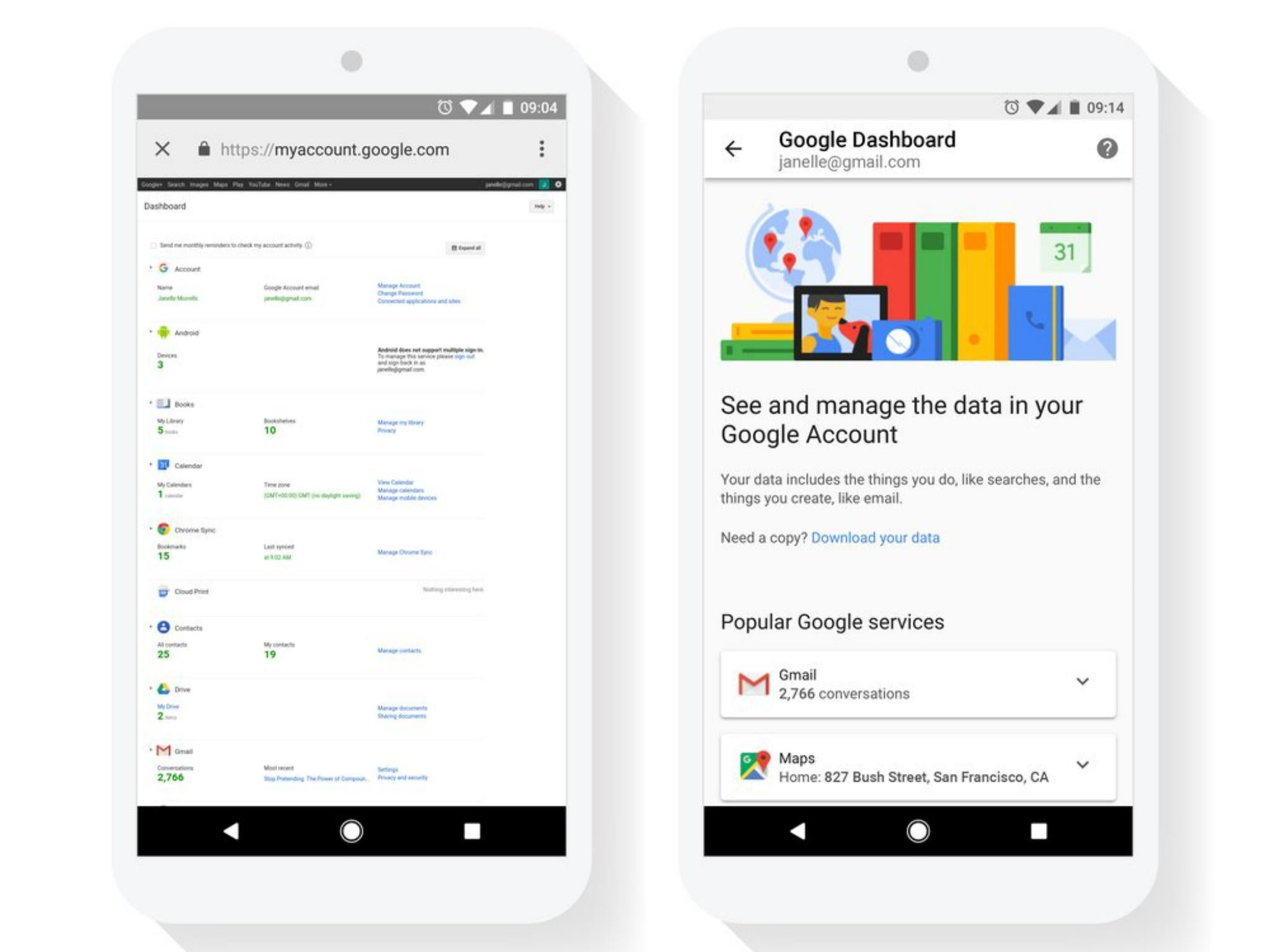 The Google Dashboard before (left) and after (right) the update