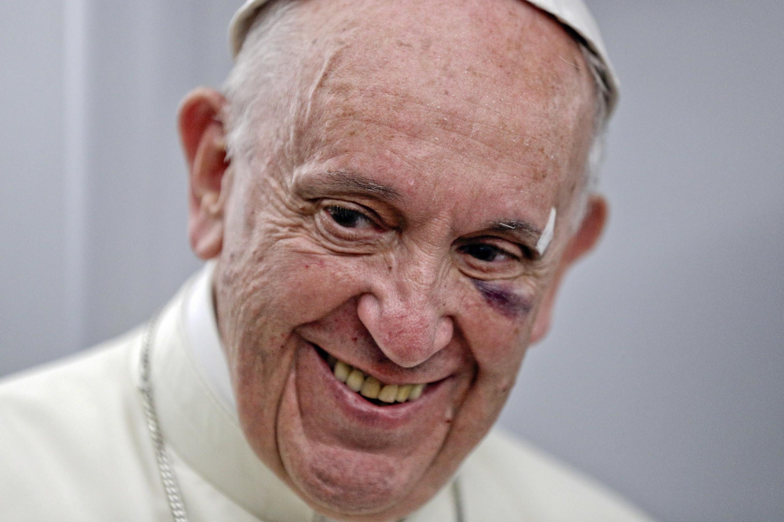 Pope Francis talks to journalists during a press conference he held on board the flight to Rome, at the end of a five-day visit to Colombia