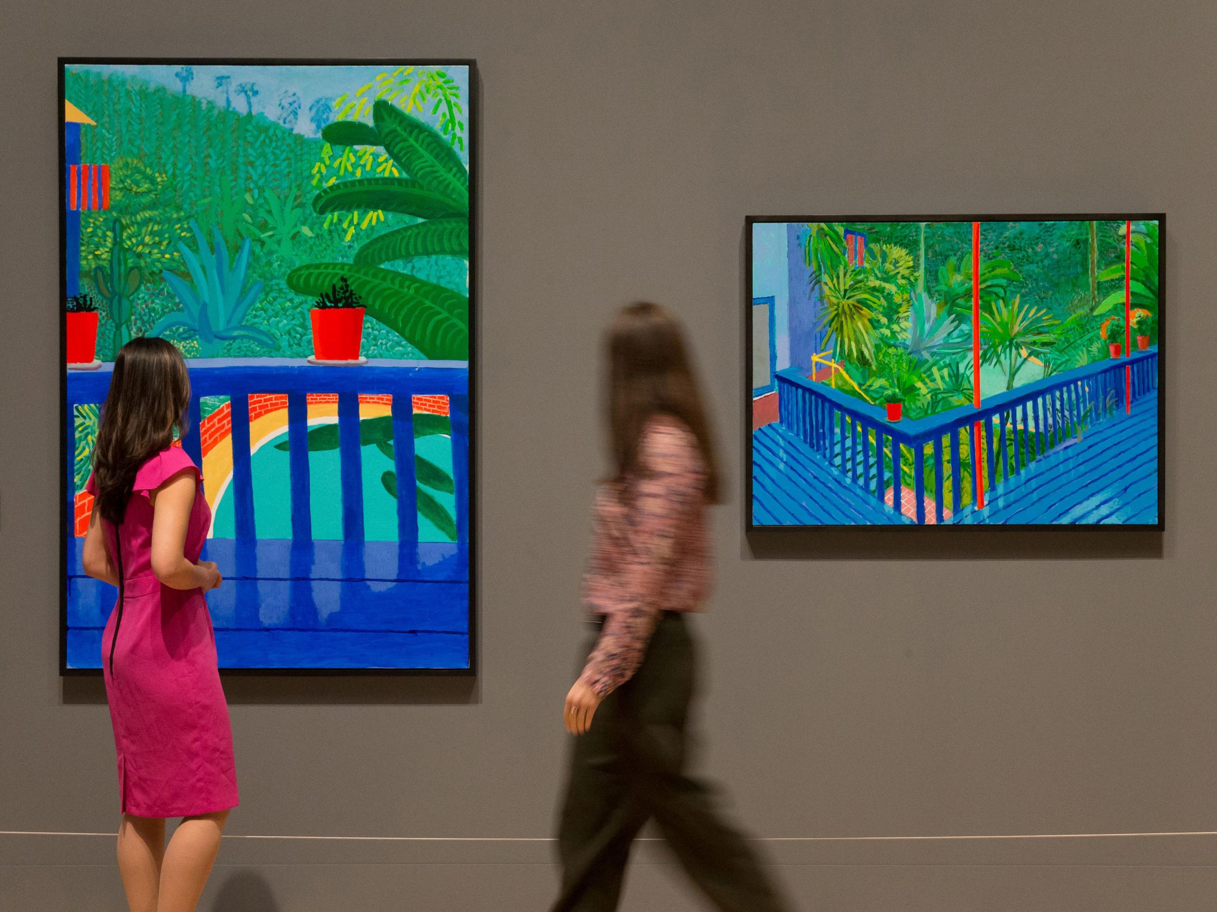 ‘Garden With Blue Terrace’ (2015) (right) defies the laws of perspective by seeming to advance and recede at the same time (Daniel Leal-Olivas/AFP/Getty)