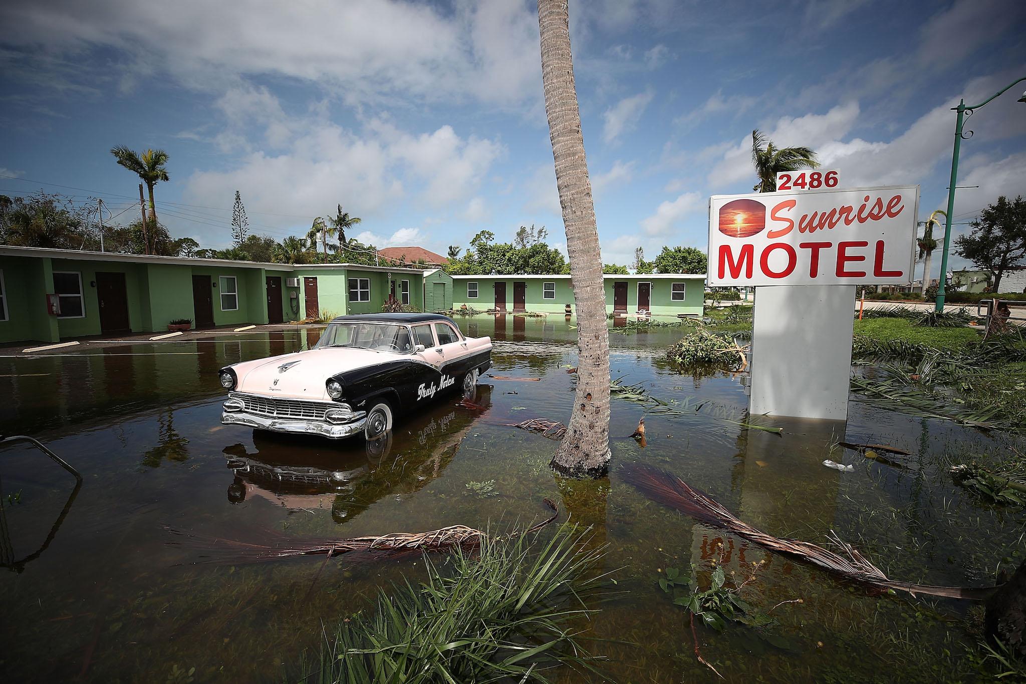 The Sunrise Motel remains flooded after Hurricane Irma hit the area on September 11, 2017 in East Naples, Florida