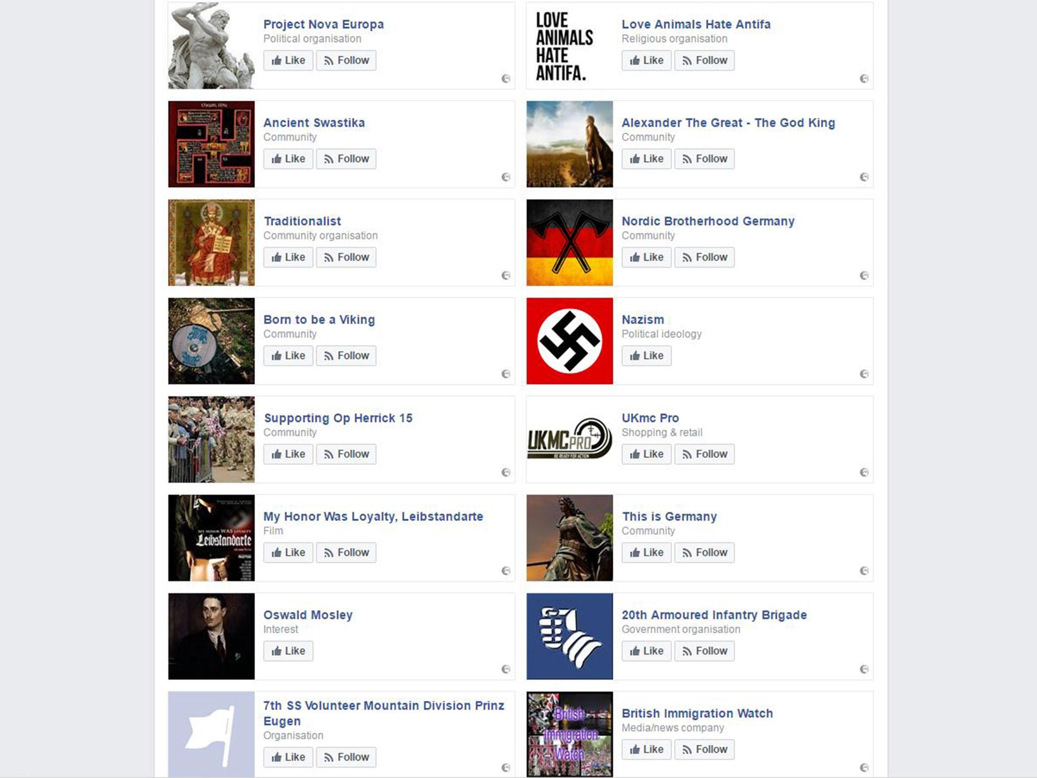 A selection of dozens of Facebook likes indicating far-right views by a soldier serving in The Royal Regiment of Scotland