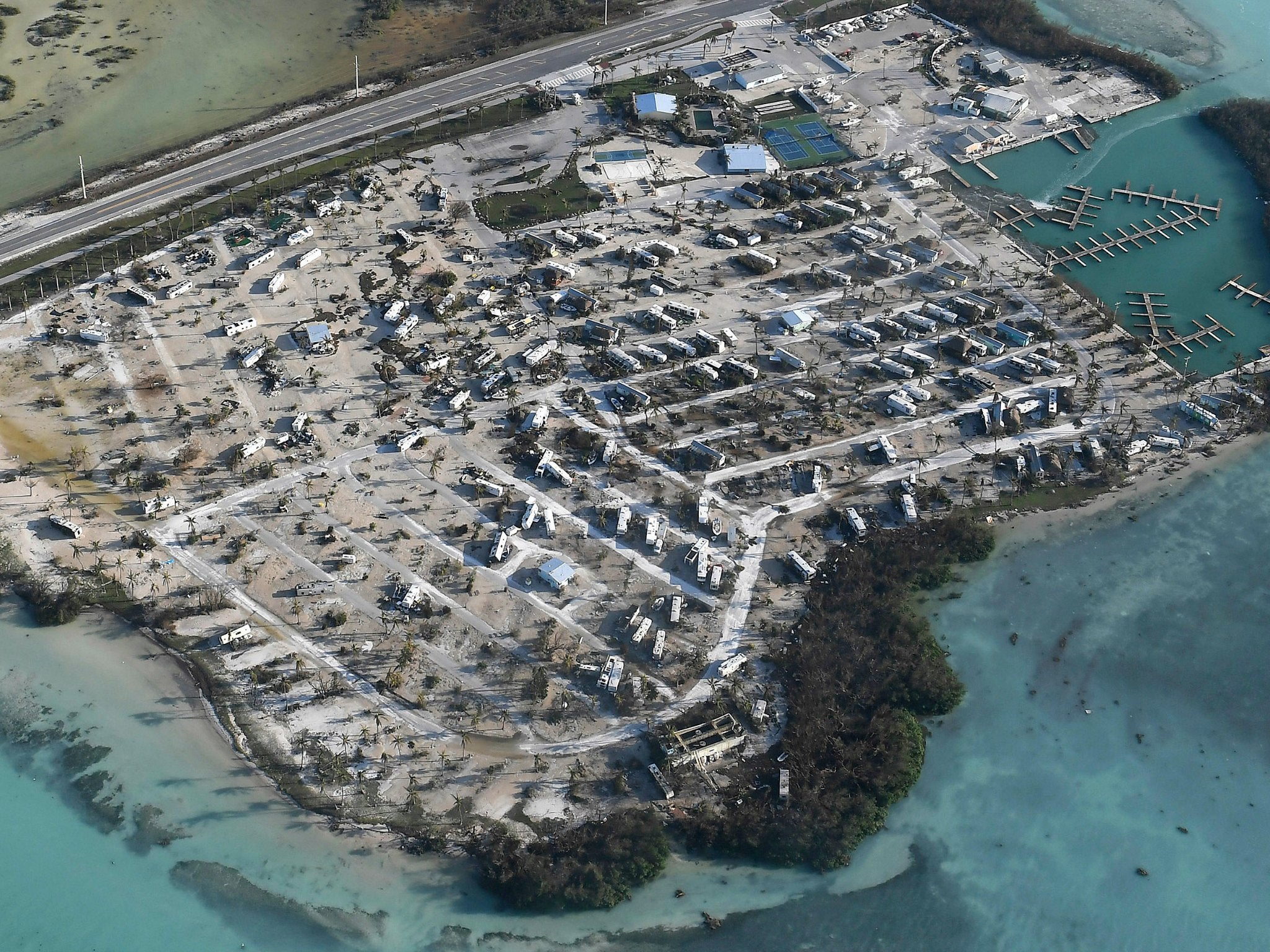 Overturned trailer homes are shown in the aftermath of Hurricane Irma in the Florida Keys