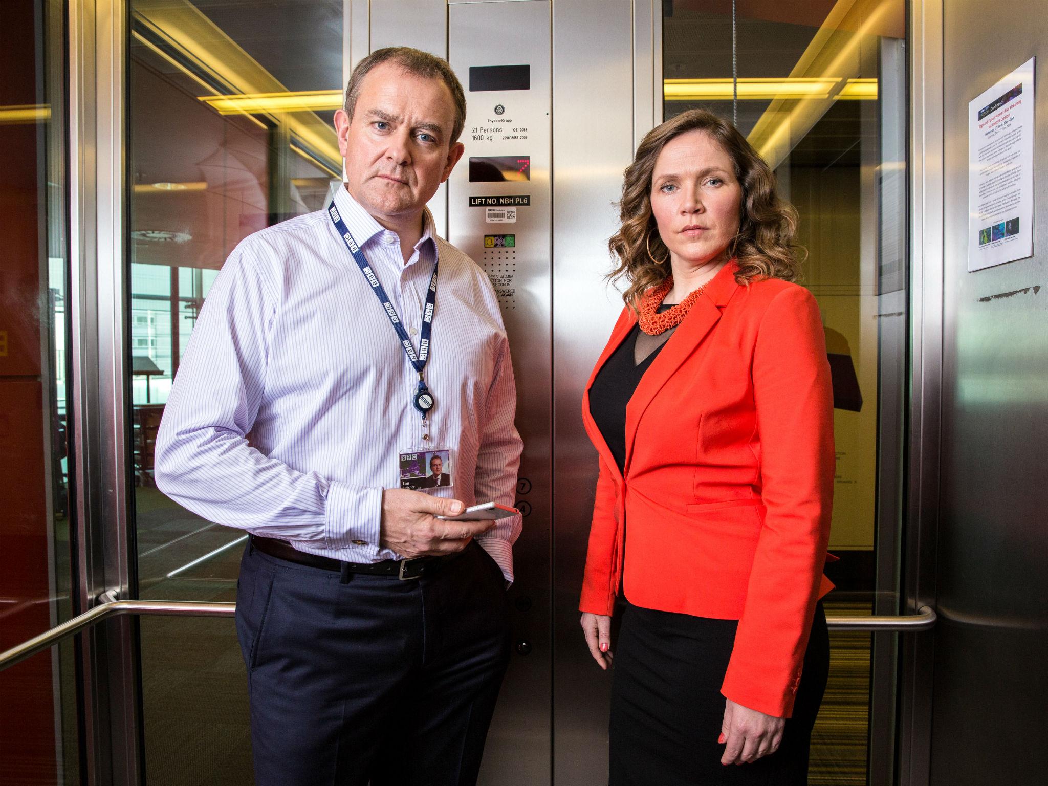 Bonneville as Ian Fletcher and Hynes as Siobhan Sharpe in ‘W1A’ (BBC)