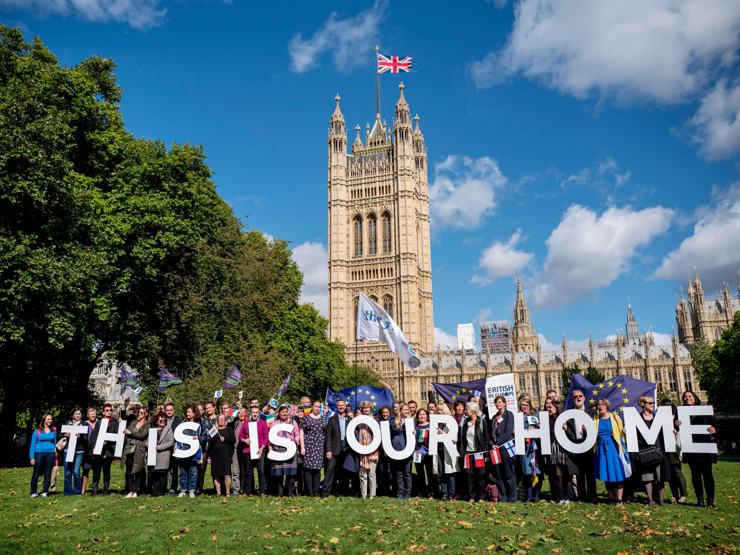 Demonstrators outside the Houses of Parliament hold a protest lobbying MPs to guarantee the rights of EU citizens living in the UK after Brexit