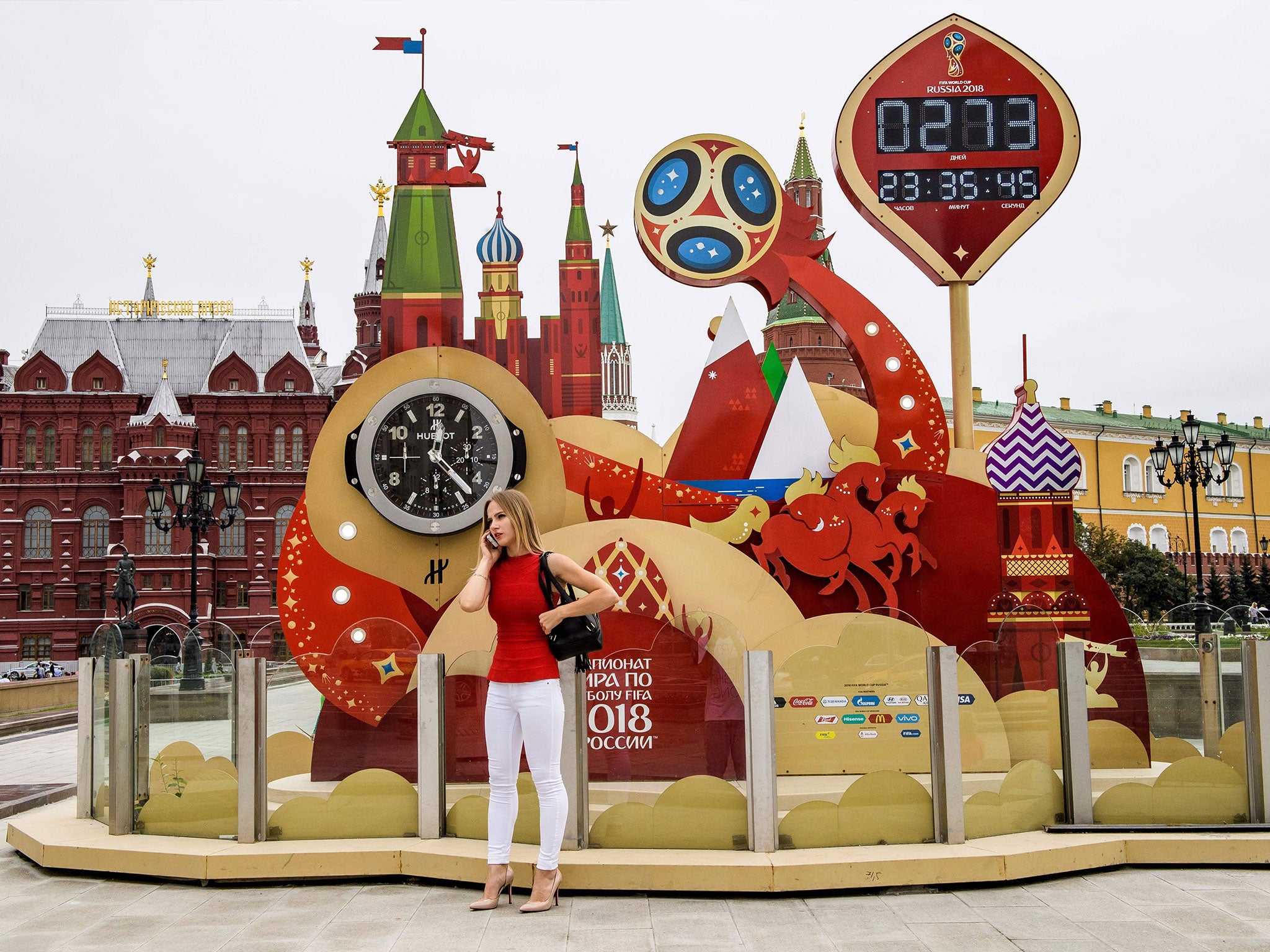 The FIFA World Cup 2018 countdown clock in front of the Red Square and the Kremlin in Moscow