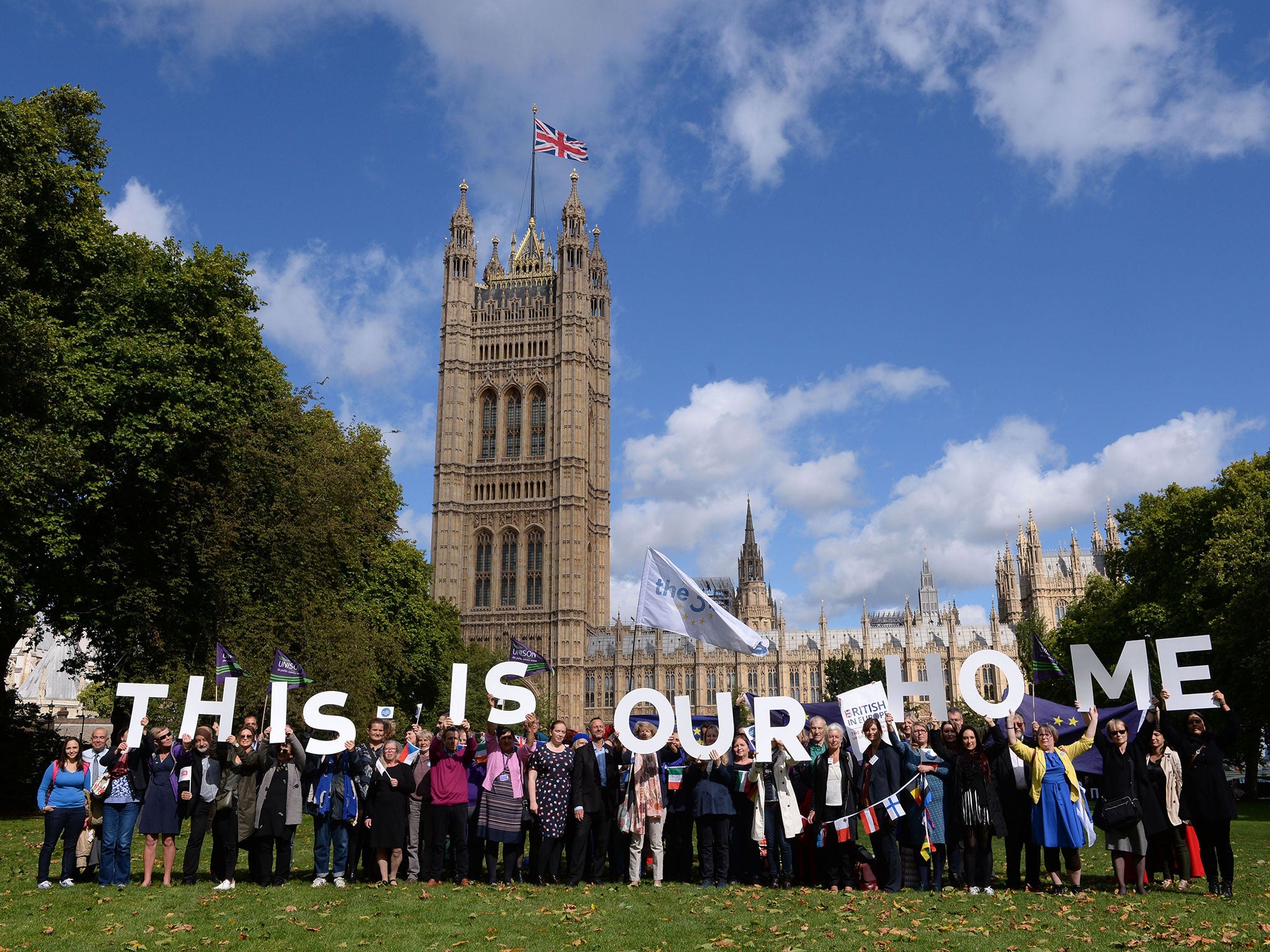 EU citizens in Victoria Tower Gardens in Westminster, London where they were lobbying MPs to guarantee post-Brexit rights on 13 September