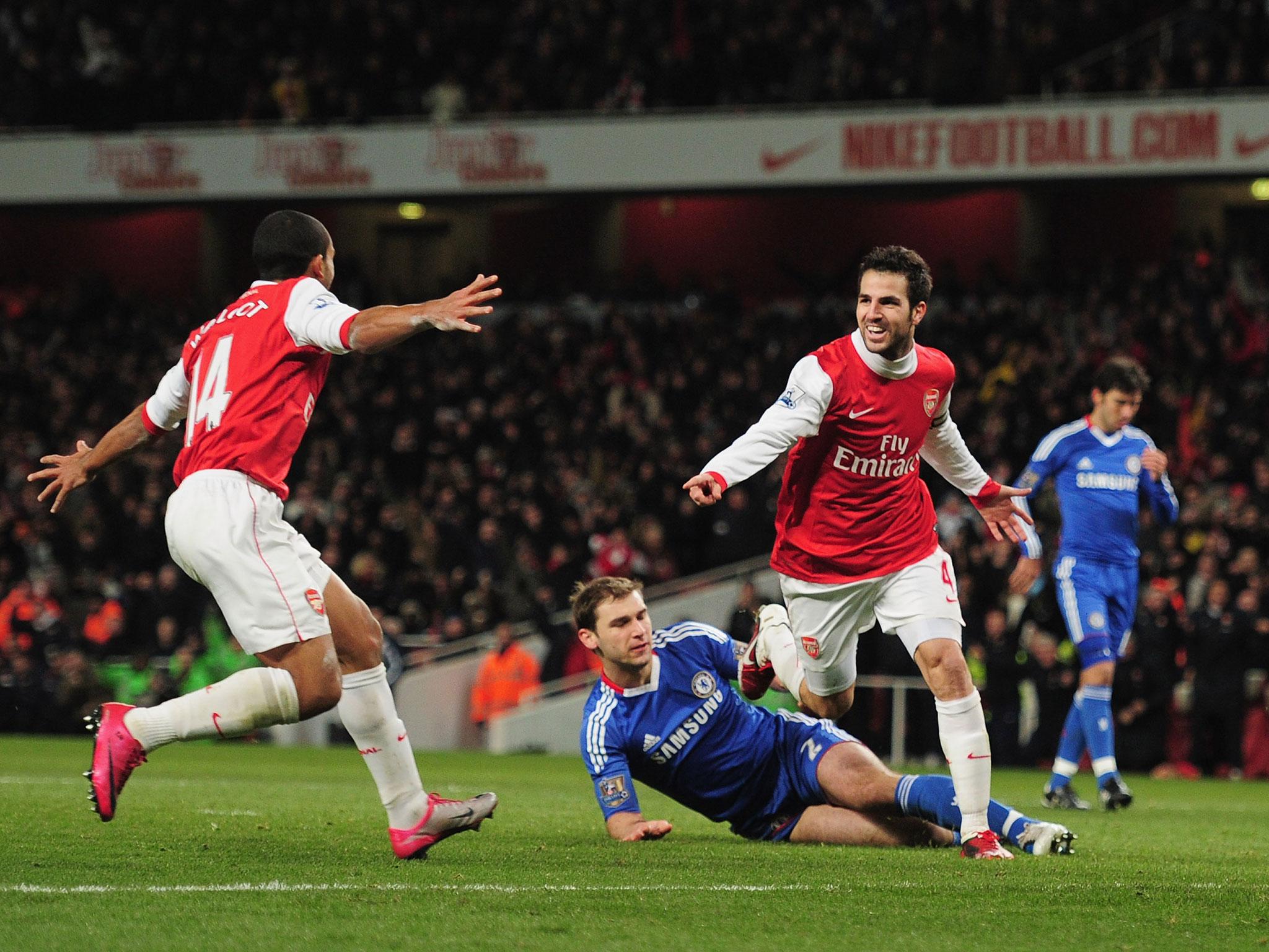 Cesc Fabregas celebrates scoring against Chelsea in 2007