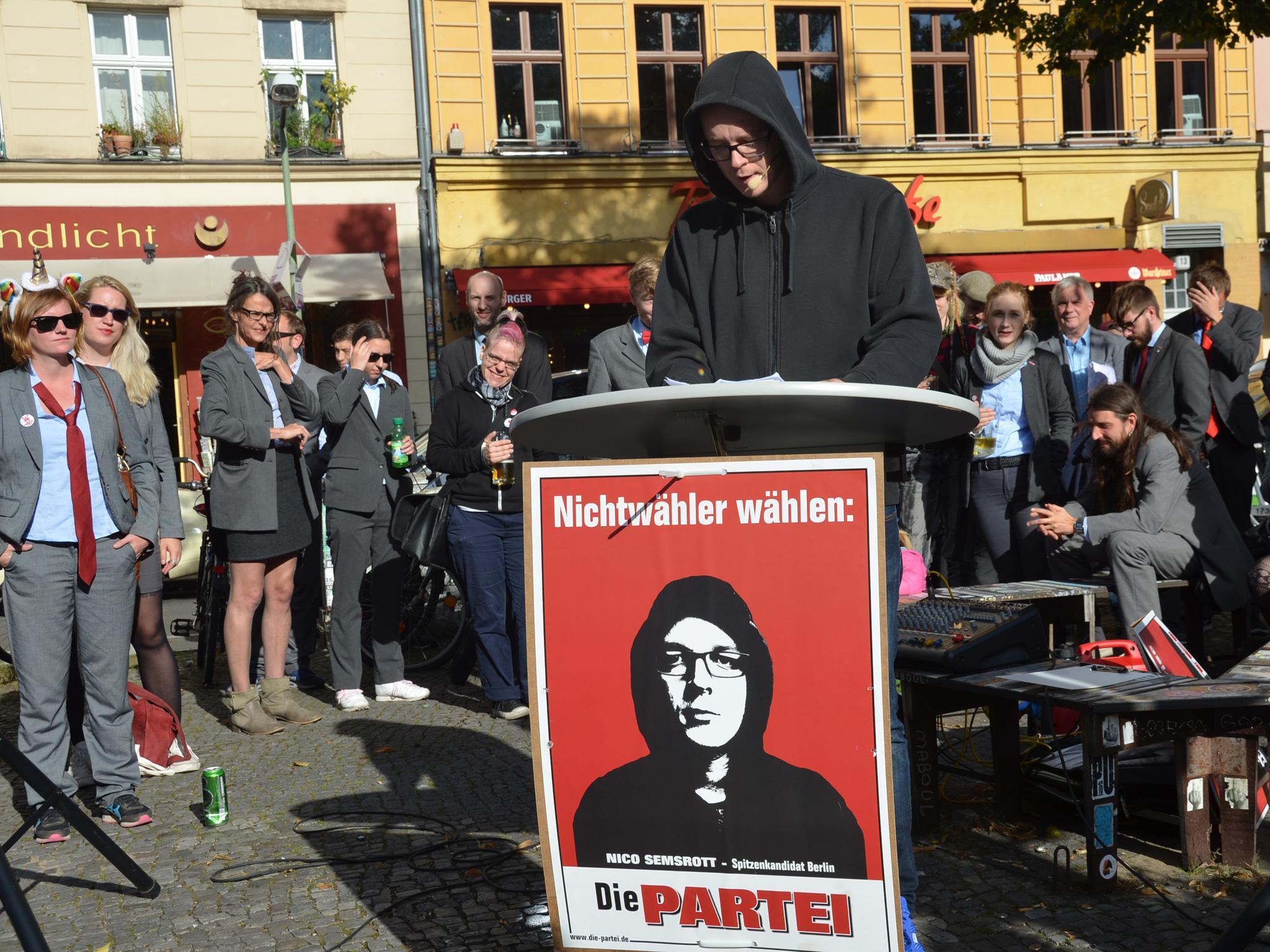 Nico Semsrott speaks at a Die Partei rally in Berlin