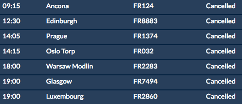 Going places? Some of the Ryanair cancellations from Stansted on Monday 20 September