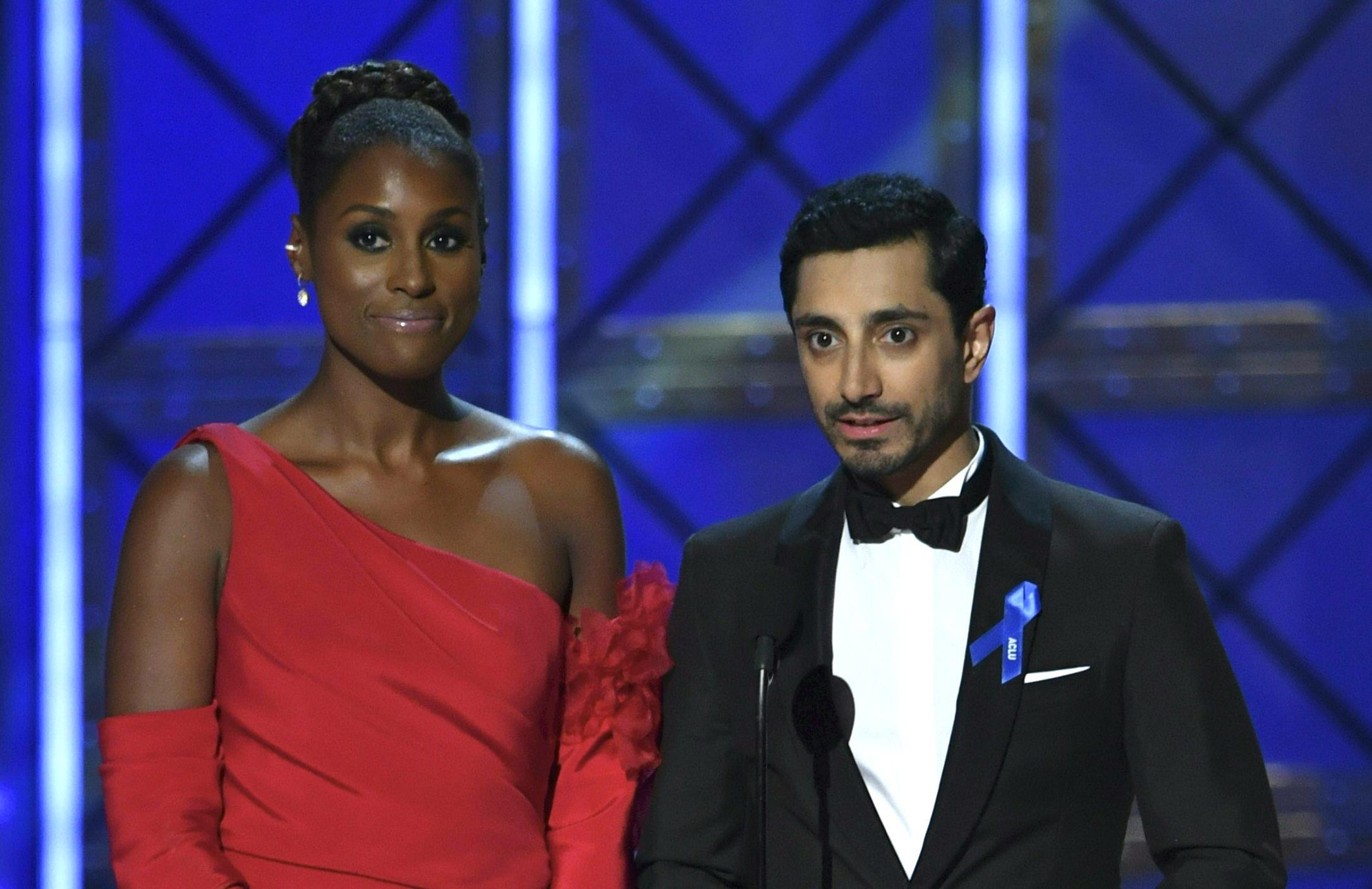 Issa Rae and Riz Ahmed at the 2017 Emmys