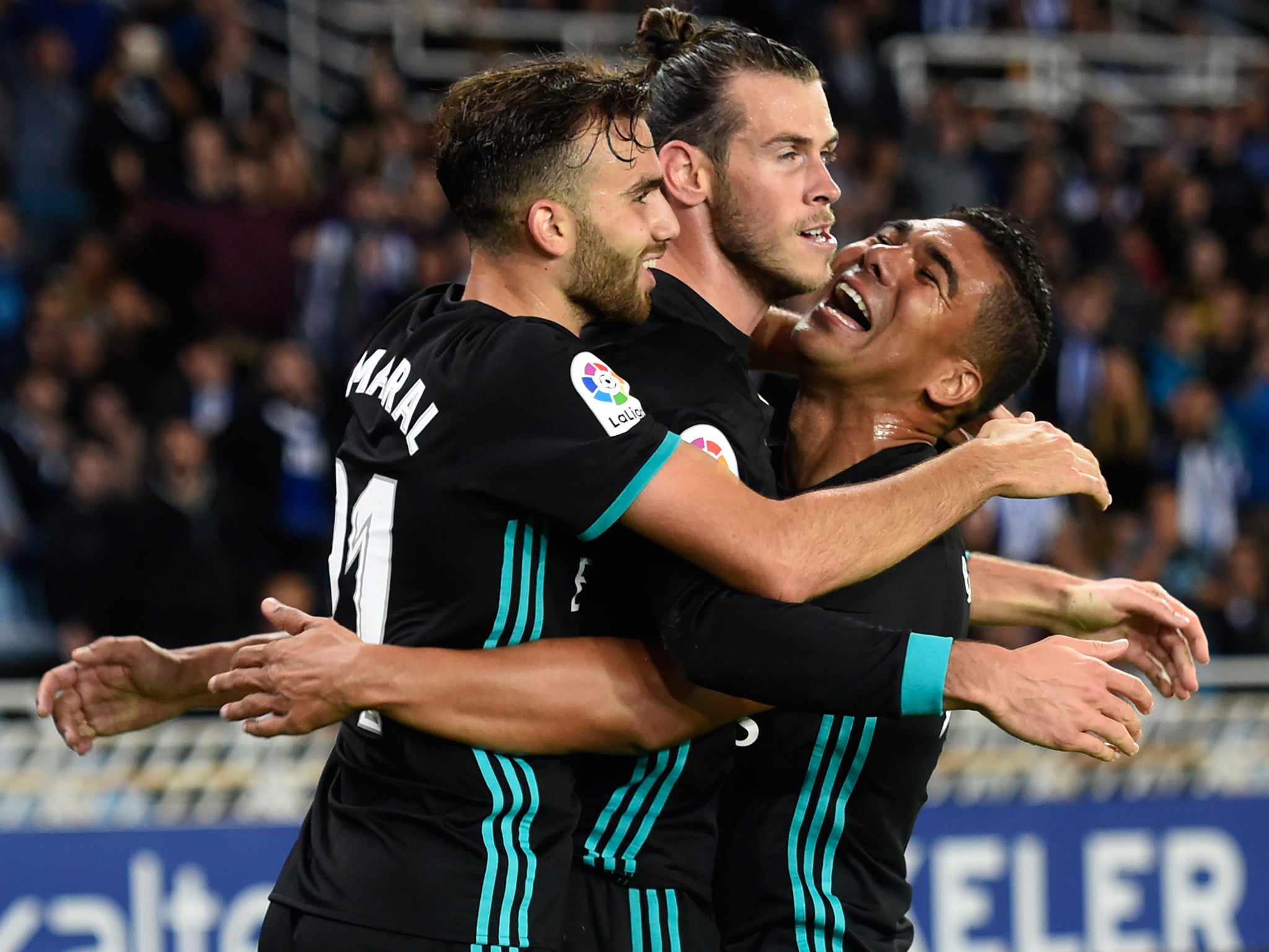 Gareth Bale celebrates after scoring for Real Madrid against Real Sociedad