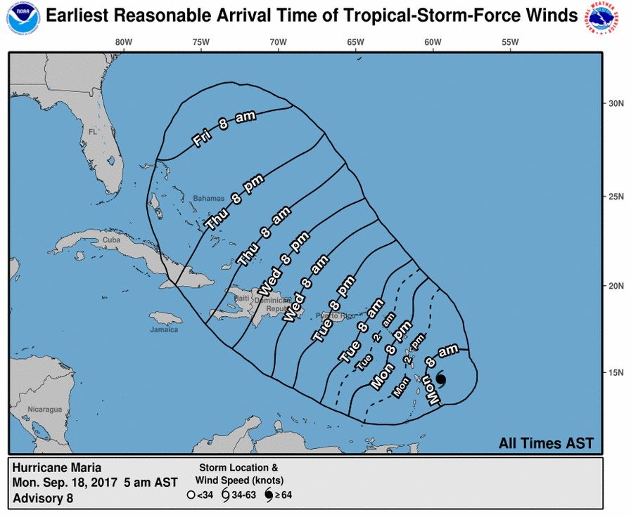 A handout from the US National Hurricane Centre shows an experimental time of arrival and possible track of tropical storm Maria