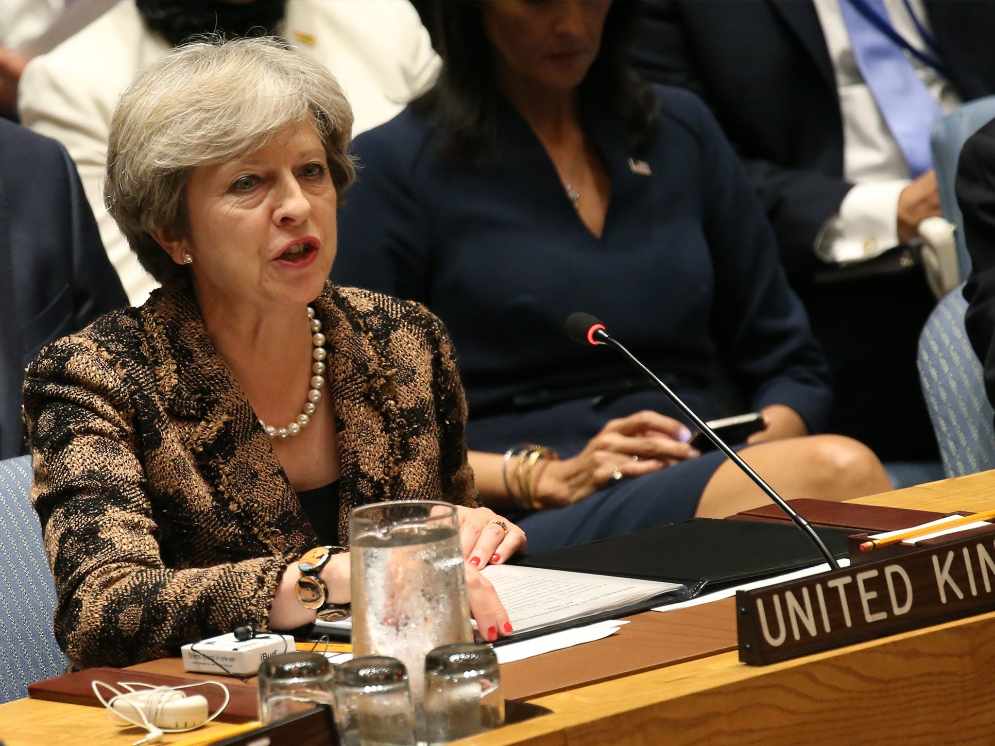 Theresa May speaks during a Security Council Meeting on United Nations peacekeeping operations, ahead of her keynote speech to the assembly