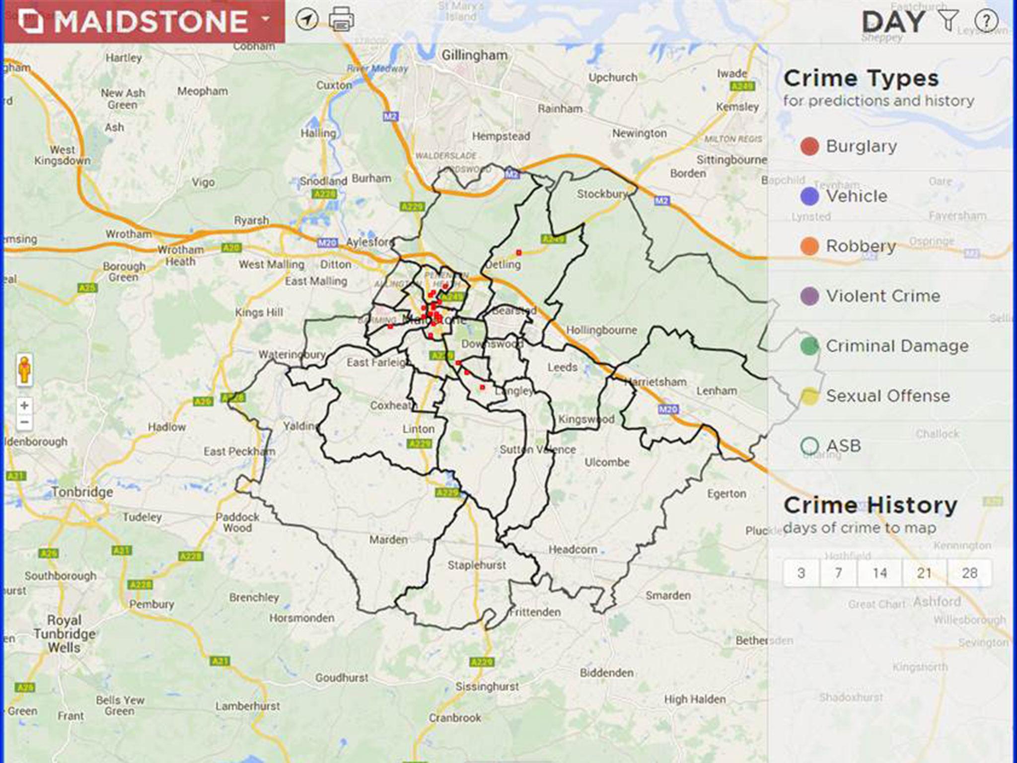 A screenshot of the predictive crime hotspot mapping used by Kent Police