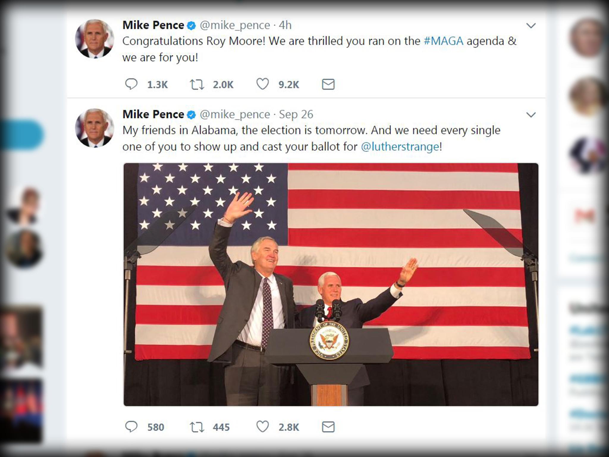 Vice President Mike Pence moved quickly to show support for Roy Moore, the candidate he did not back in Alabama’s senate run-off