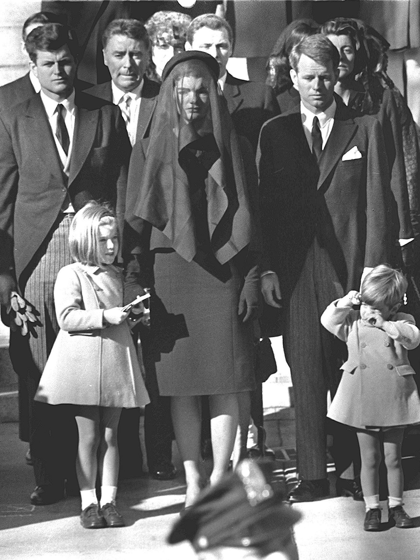 Jackie at the funeral: Jacqueline Kennedy, her two children Caroline and John Jr, as well as brothers-in-law Ted (left) and Robert (right)