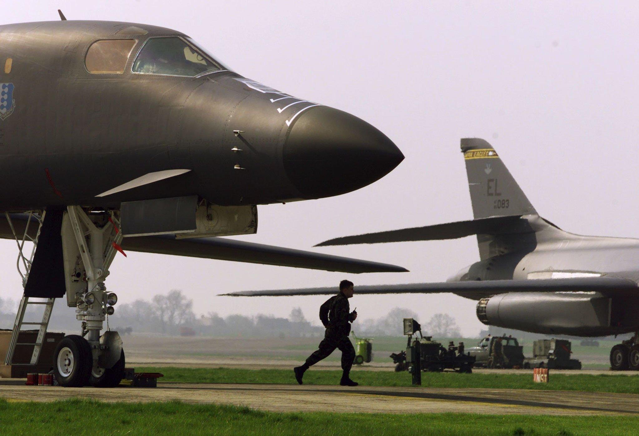 Ground crews preparing the B1 bombers of the US 77th Bomber Squadron at RAF Fairford in Gloucestershire, England (Reuters)