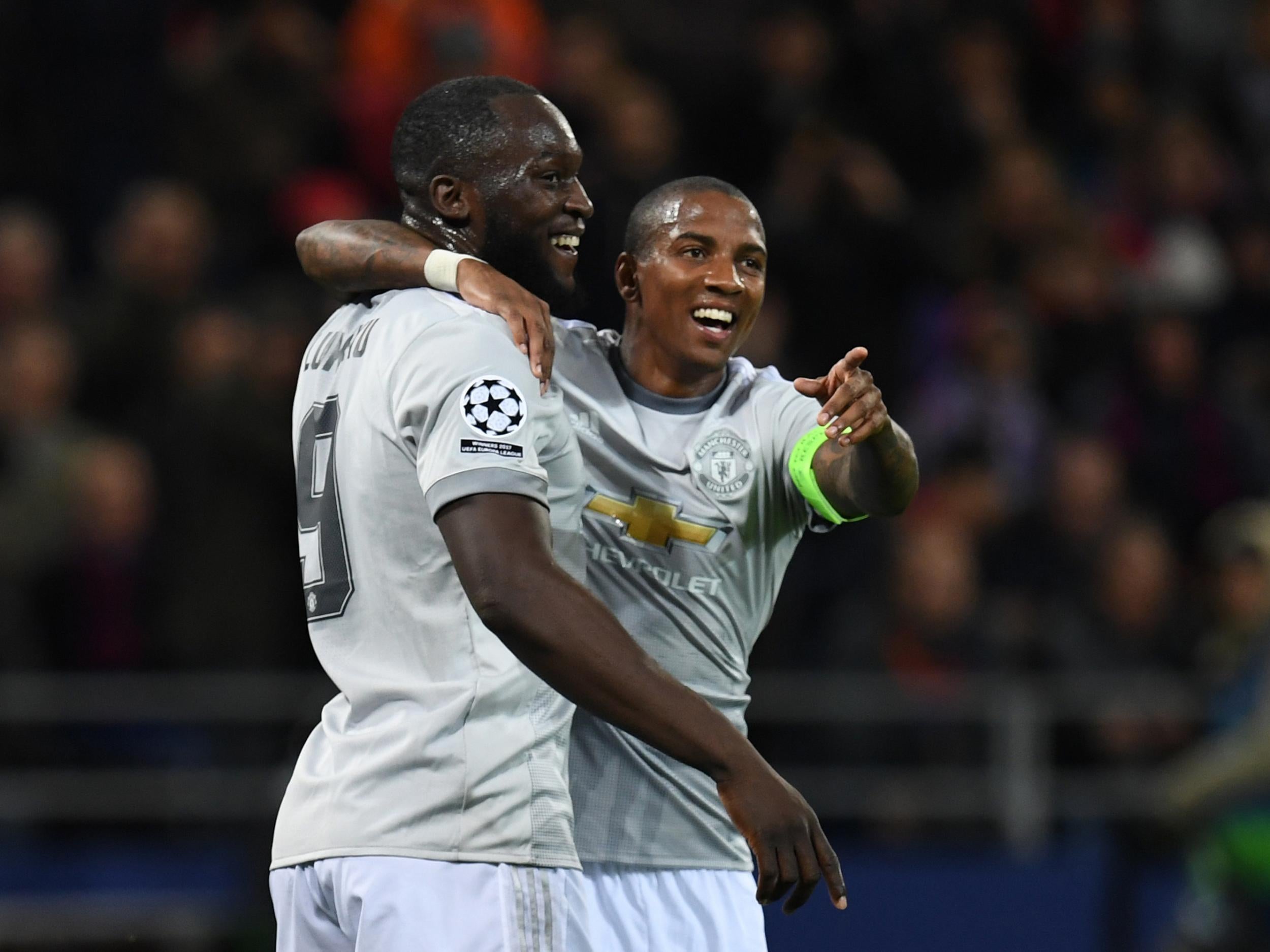 Romelu Lukaku celebrates with teammate Ashley Young after scoring against CSKA