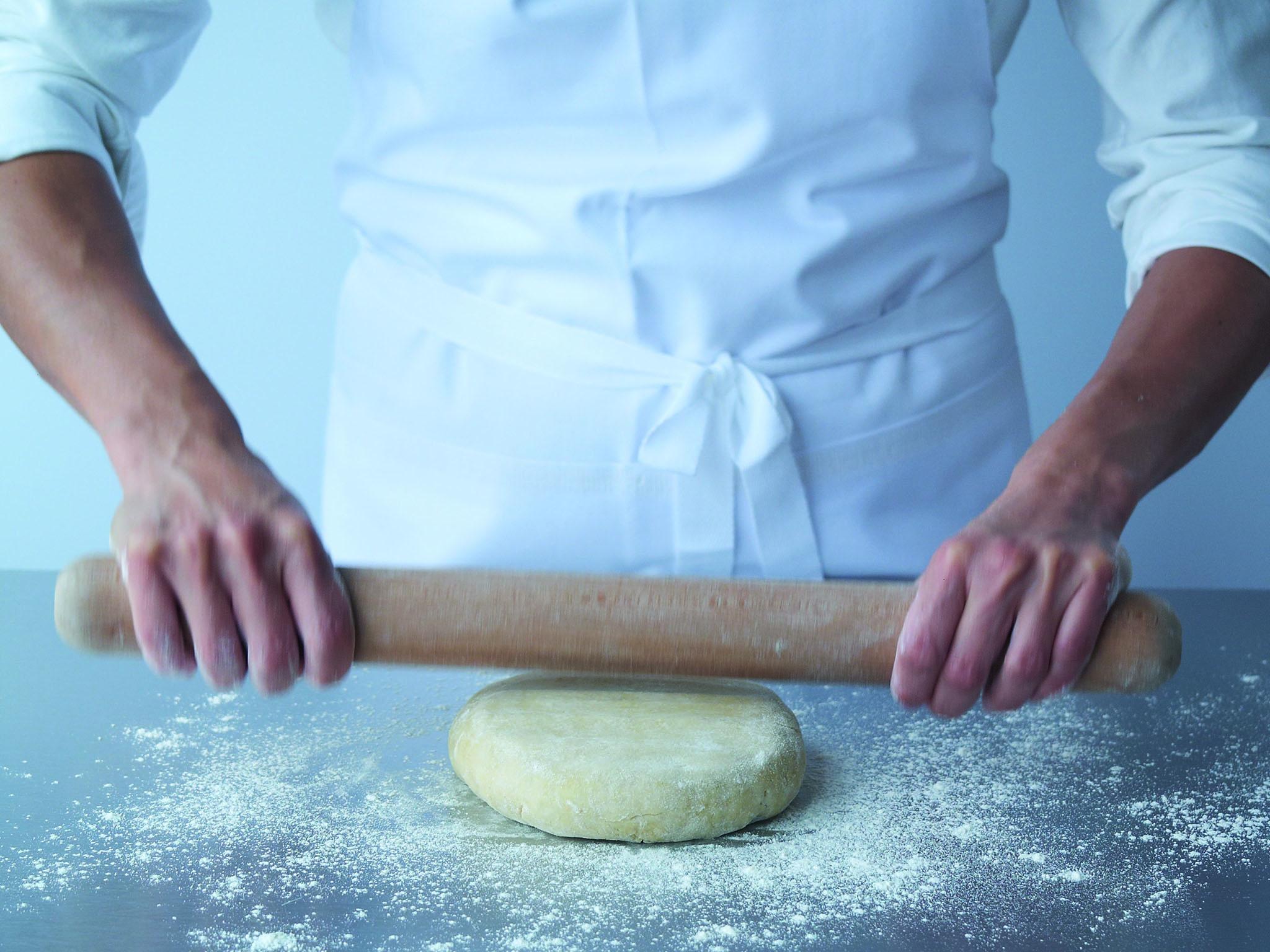 1. First ‘ridge’ the pastry disc: hold the rolling pin in both hands loosely and tap it lightly over the entire surface of the pastry once or twice. Turn the pastry 90 degrees and ridge again. Repeat until the circle has at least doubled in size. Don’t turn the pastry over; it is unnecessary and can result in overworking