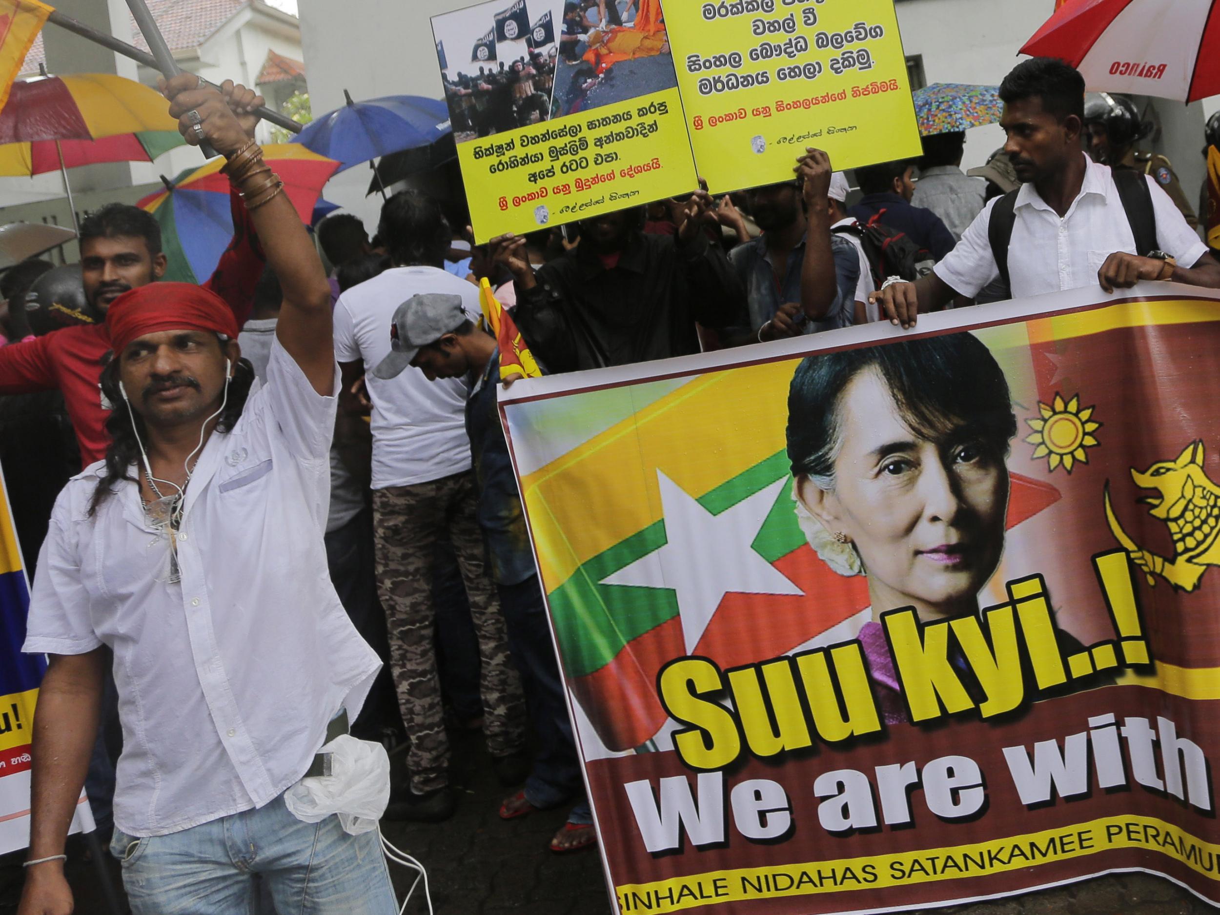 A group of Sri Lankan hardline Buddhists protest outside the UN office in Colombo, Sri Lanka this week