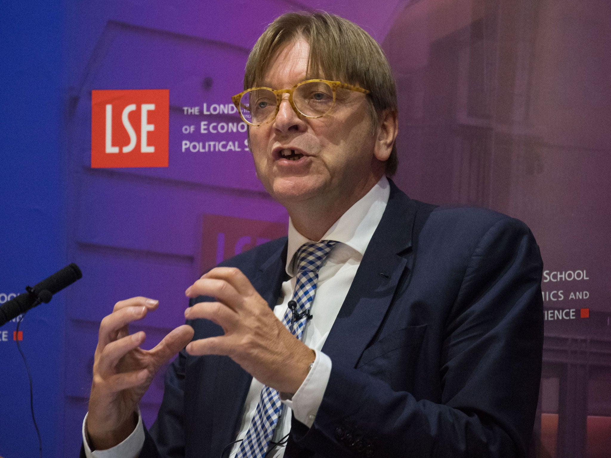 European Parliament Brexit co-ordinator Guy Verhofstadt speaks during an event at the London School of Economics