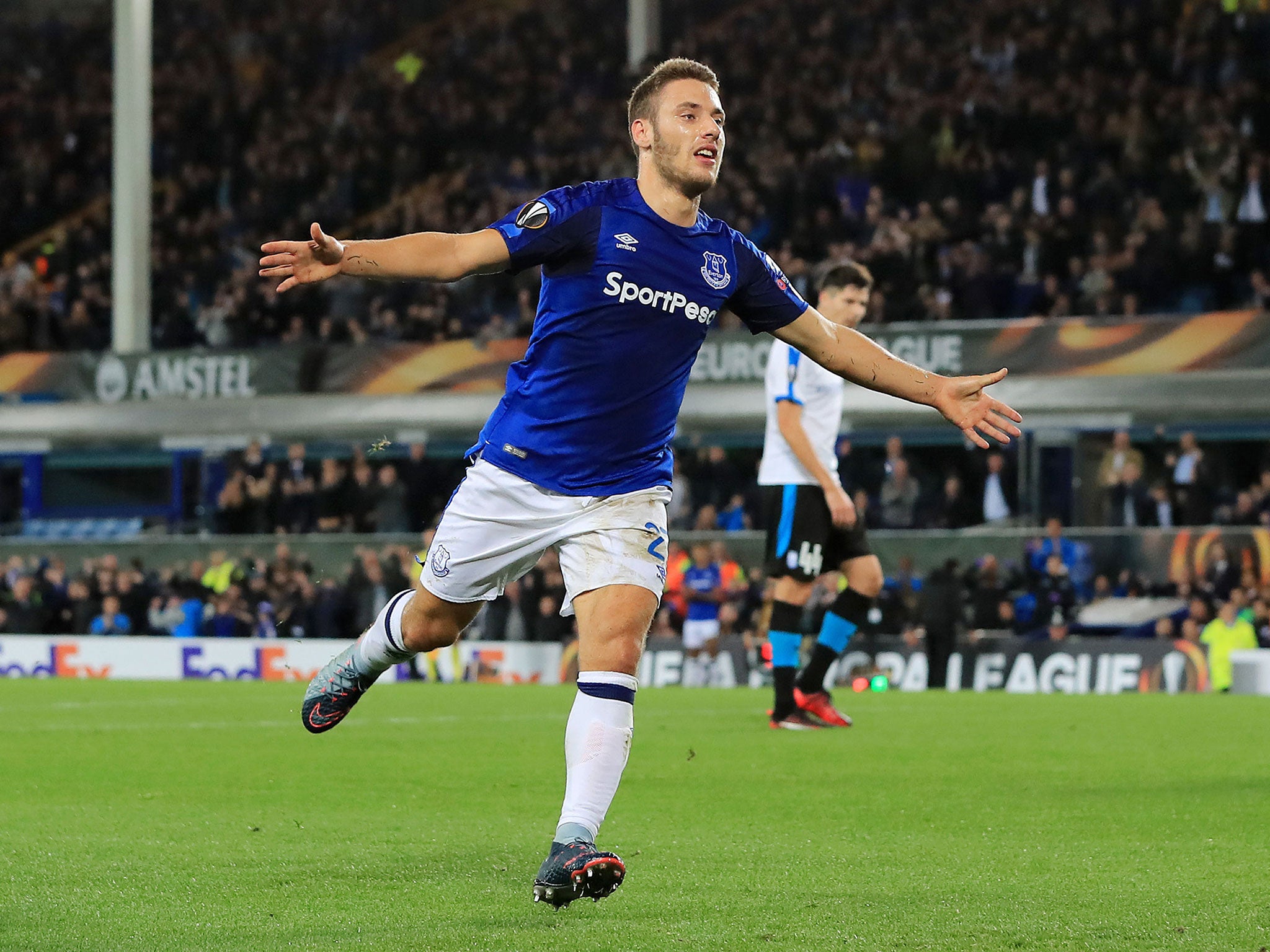 &#13;
Nikola Vlasic celebrates scoring what looked like the winning goal for Everton &#13;