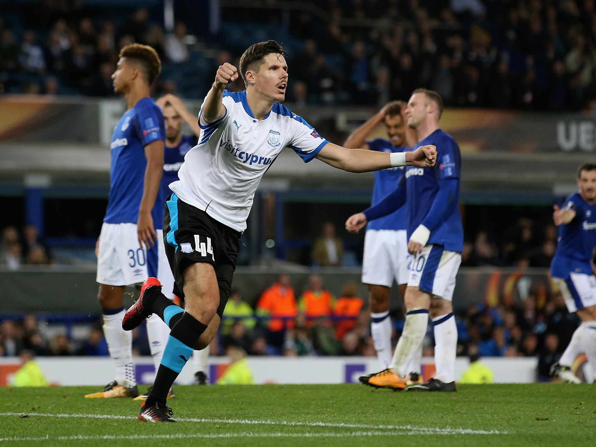 Hector Yuste celebrates his late equaliser for the Cypriot minnows