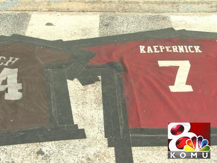 A Missouri bar fashioned two NFL jerseys as a doormat that reads 'Lynch Kaepernick'