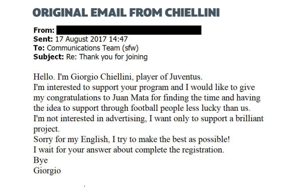 Chiellini's original email which organisers thought was a hoax