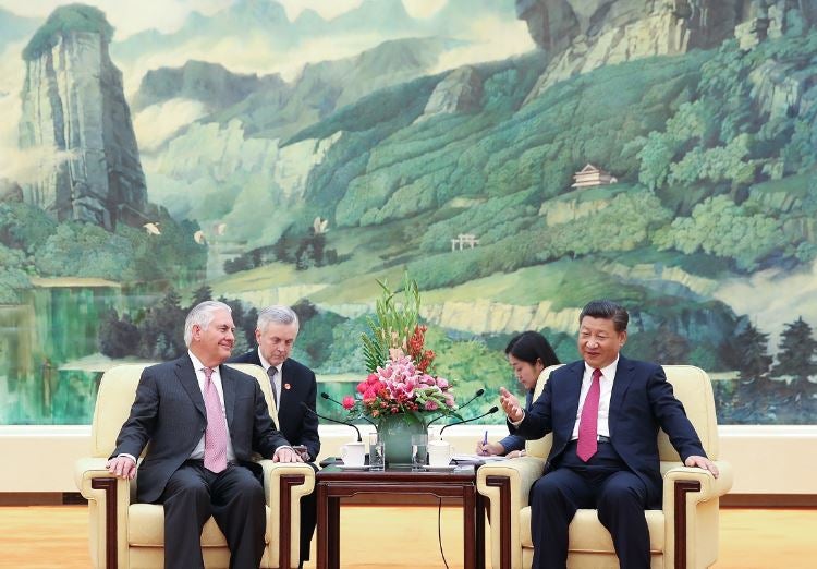 US Secretary of State Rex Tillerson (L) meets with Chinese President Xi Jinping (R) at the Great Hall of the People in Beijing