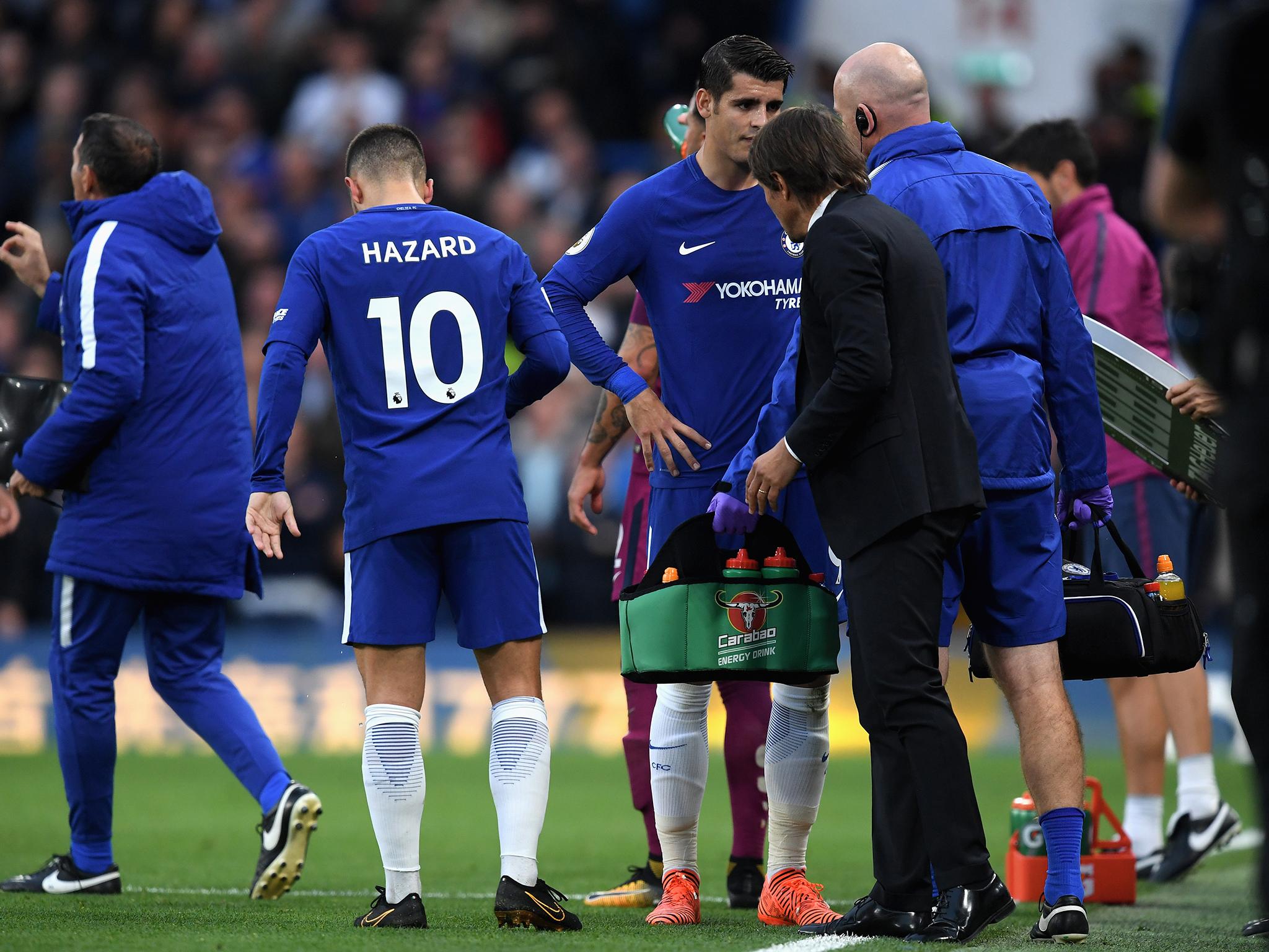 Alvaro Morata is forced off in the first half with what looked to be a hamstring injury